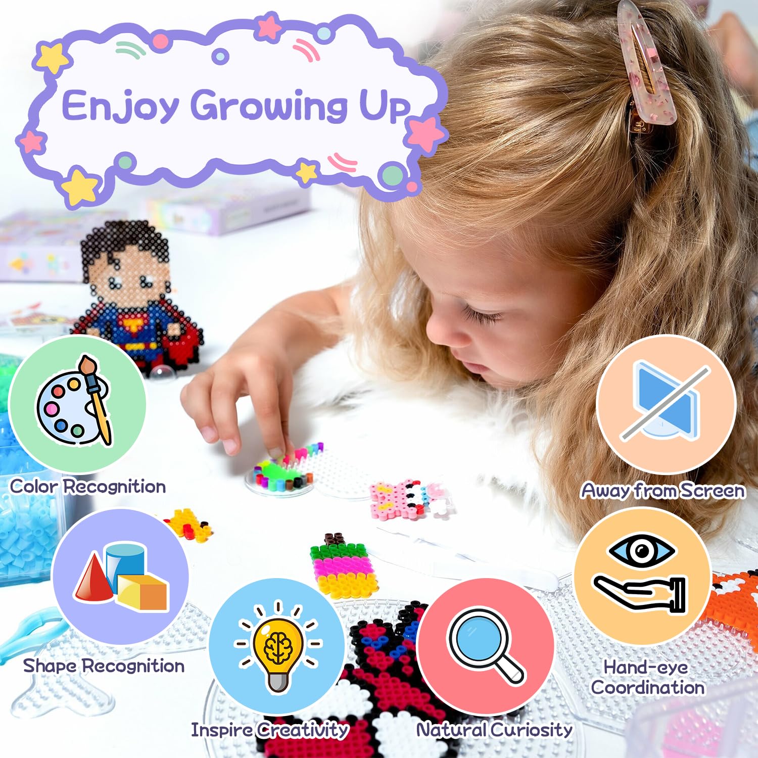 Perline da Stirare 6300 Piastre per Perline da Stirare da 5mm Perline a Fusione 24 Colori con Carta Stiro, Stirare Pegboard e Accessori Artigianali Fai Set Creativo Natalizio Fai da Te per Bambini