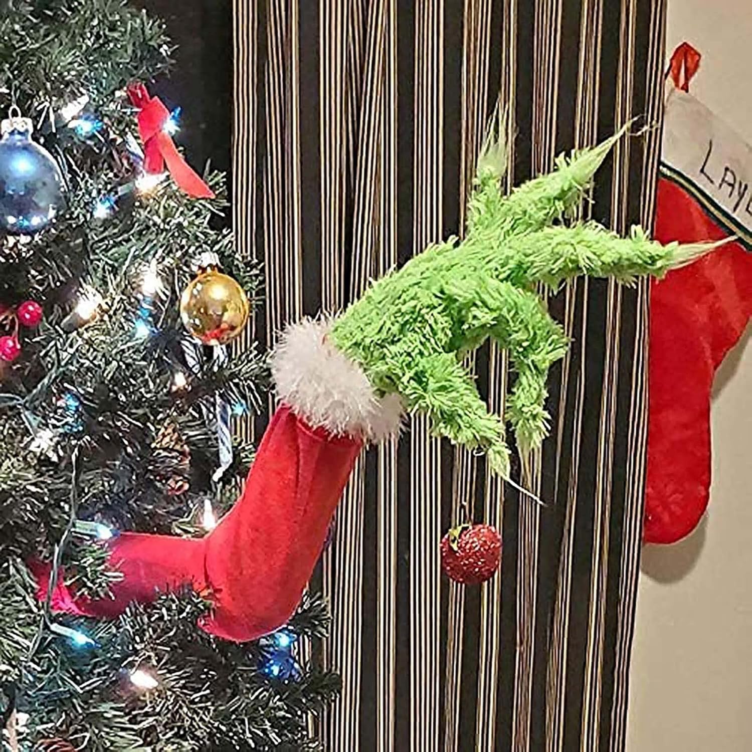 Decoración de cuerpo de ladrón de Navidad, juego de árbol de soporte de adorno de brazo y cabeza, brazo de felpa para colocar en posición de Grinch para interiores, para chimenea, puerta, ventana
