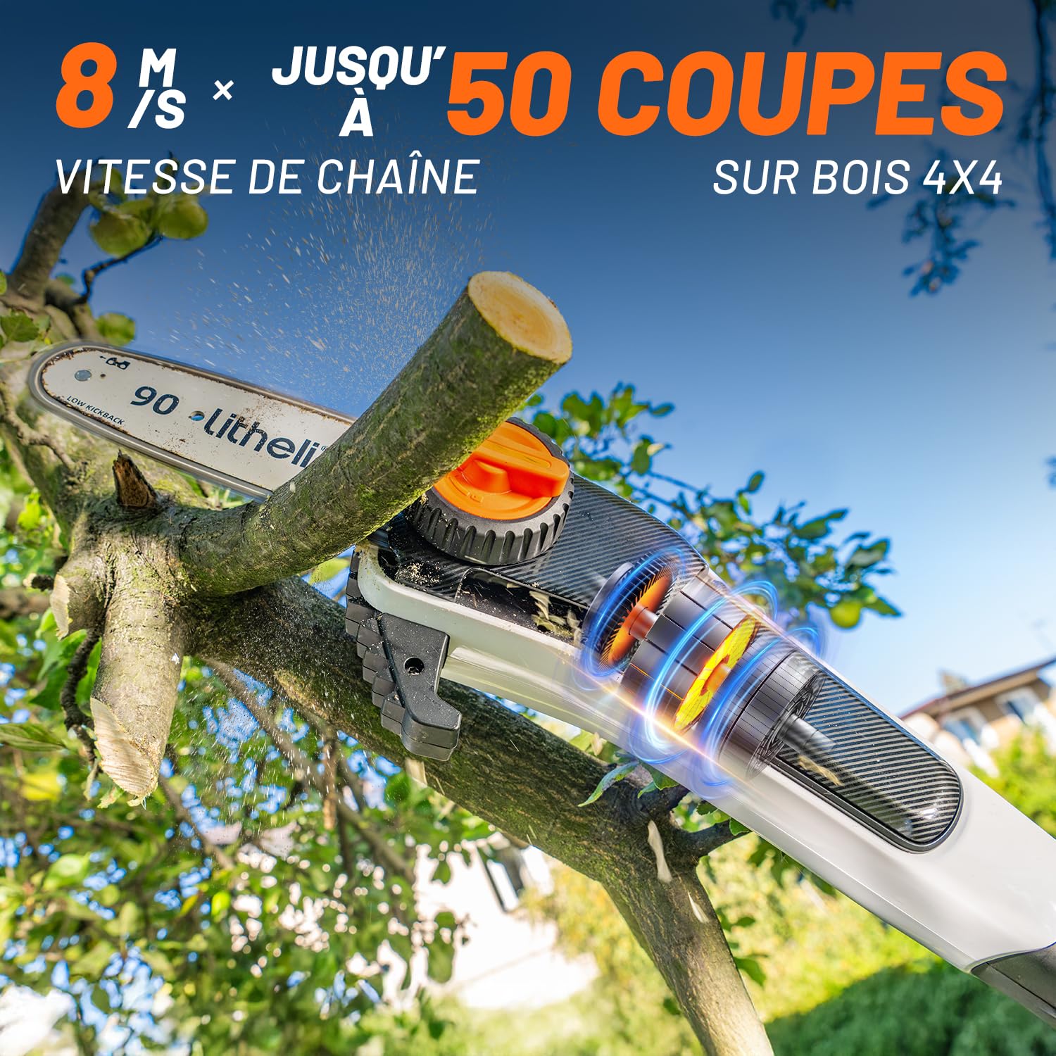 Litheli Élagueuse sur Perche avec Batterie U20-PS, Tronconneuse a Perche pour la Coupe et L’élagage des Branches (2,0Ah, Vitesse de Chaîne 8 m/s, Lame 20 cm, Accessoires Inclus)