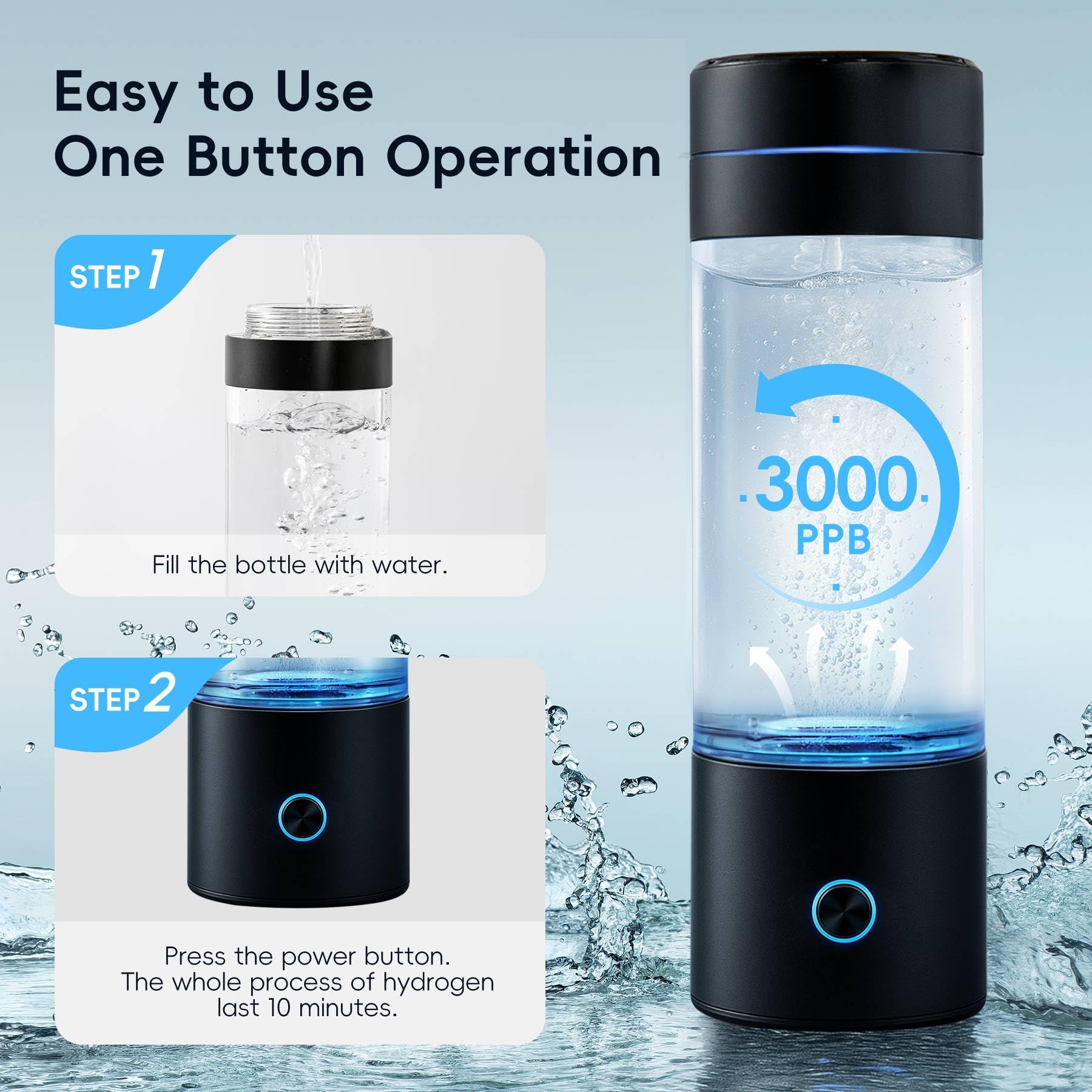 GasClub Generador de botellas de agua de hidrógeno, 4 en 1, máquina de agua de hidrógeno portátil de 3000 PPB con tecnología SPE/PEM, máquina ionizadora de agua de hidrógeno recargable para el hogar