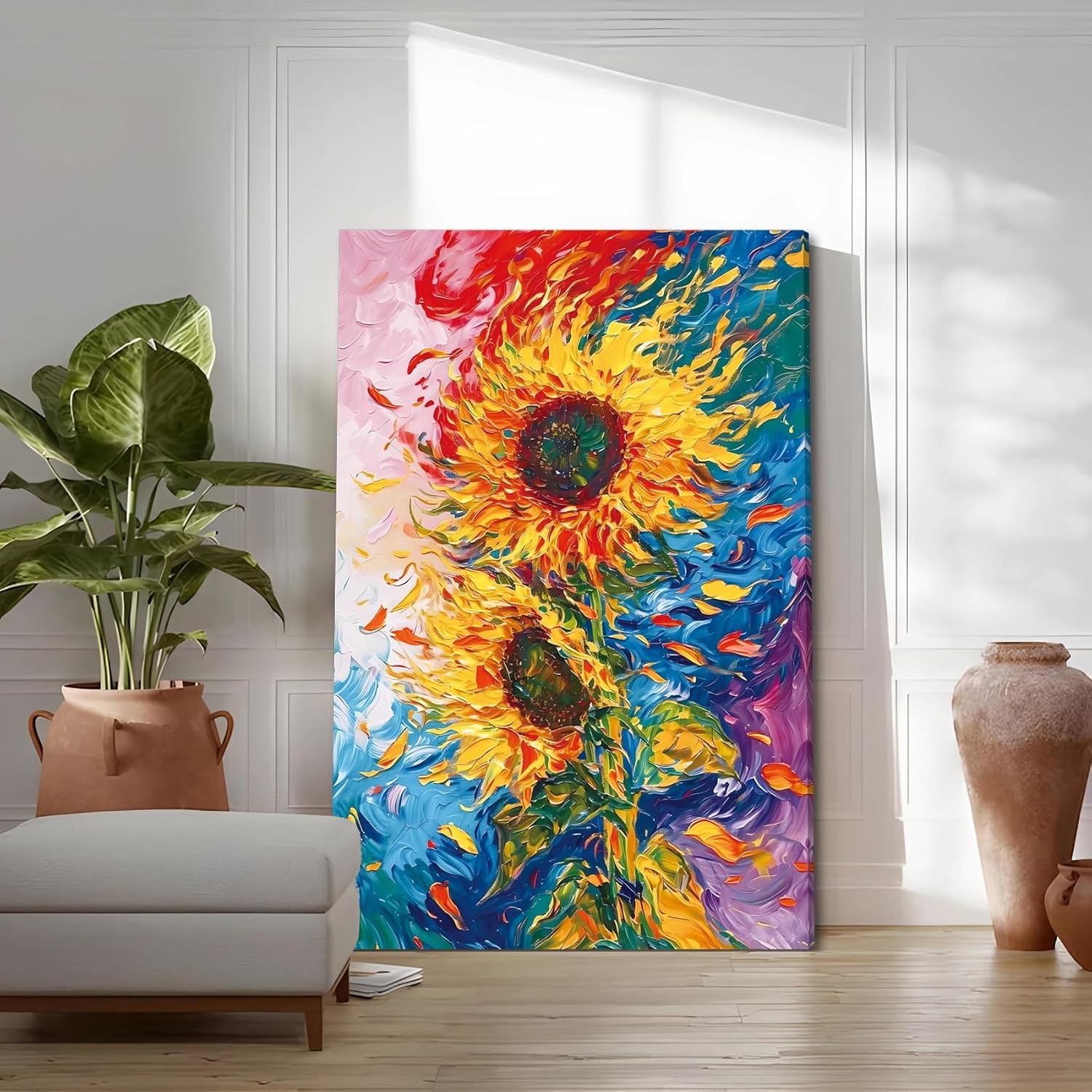 SIXWOOD Van Gogh Inspired Sunflowers Canvas Wall Art Painting, Yellow Blooms with Swirling Impasto Picture, Wall Decor for Kitchen Living Room Bedroom, 16x24 in Framed Ready to Hang Art Print