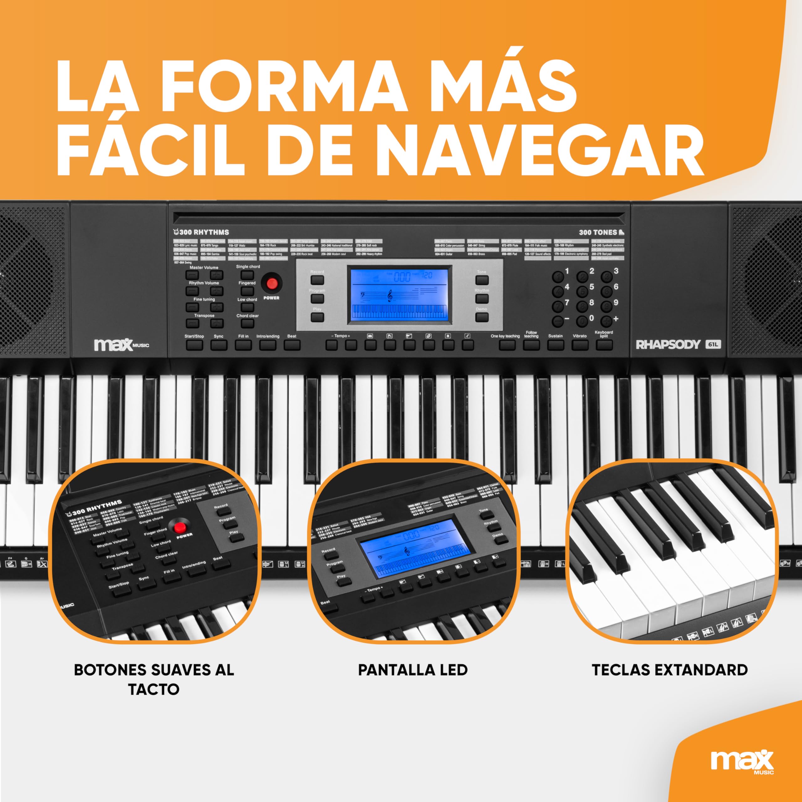 MAX Rhapsody61L Piano digital electrónico con 61 teclas luminosas, teclado de piano con altavoz, pantalla LCD, 40 canciones demo, función de aprendizaje, 300 sonidos, incluye auriculares y soporte