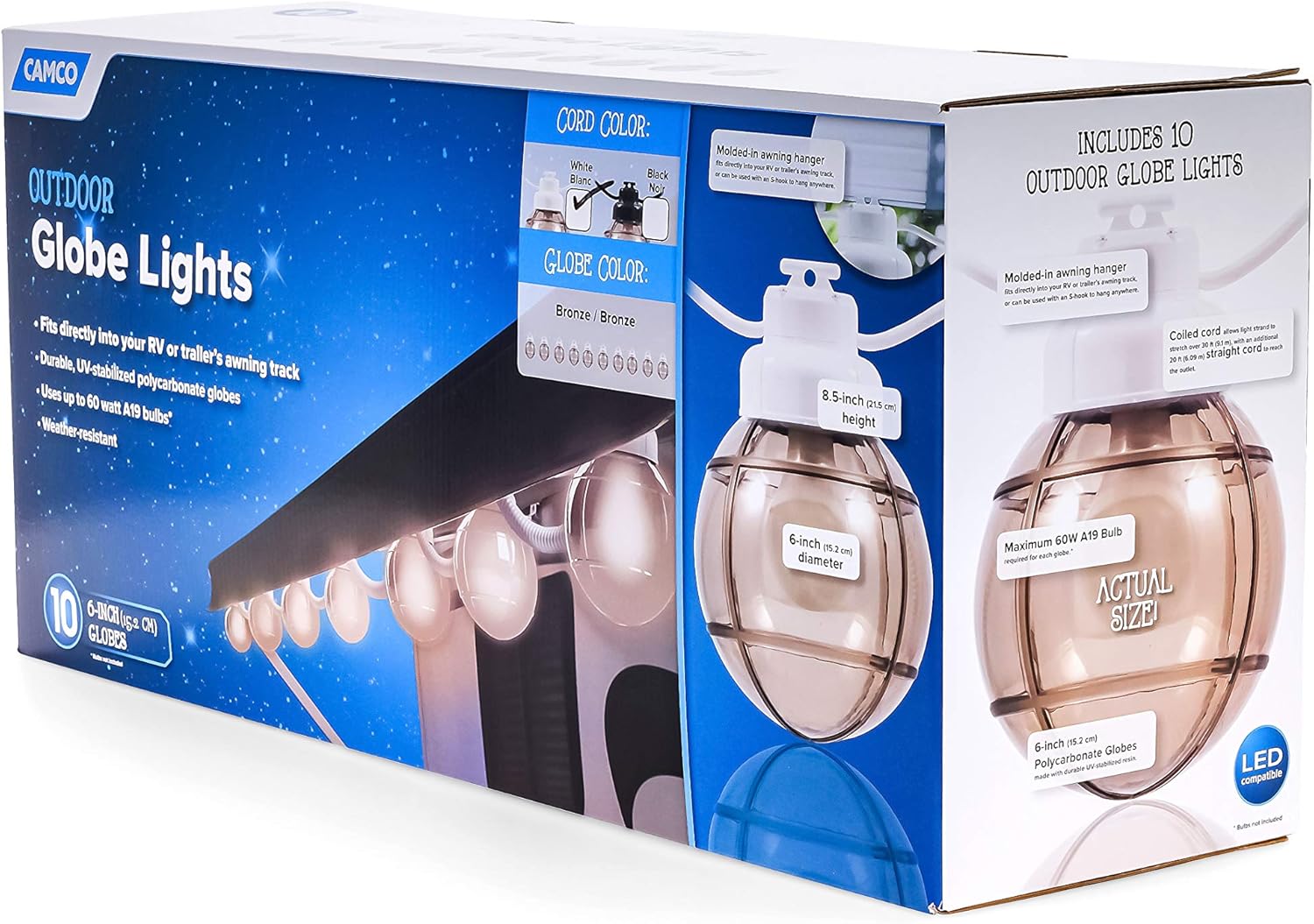 Camco 42772 Decorative RV Awning Globe Lights - 10 Clear Globes on Black Wire, Fits Directly into Your RV Awning Track, Great for Outdoor Events : Automotive