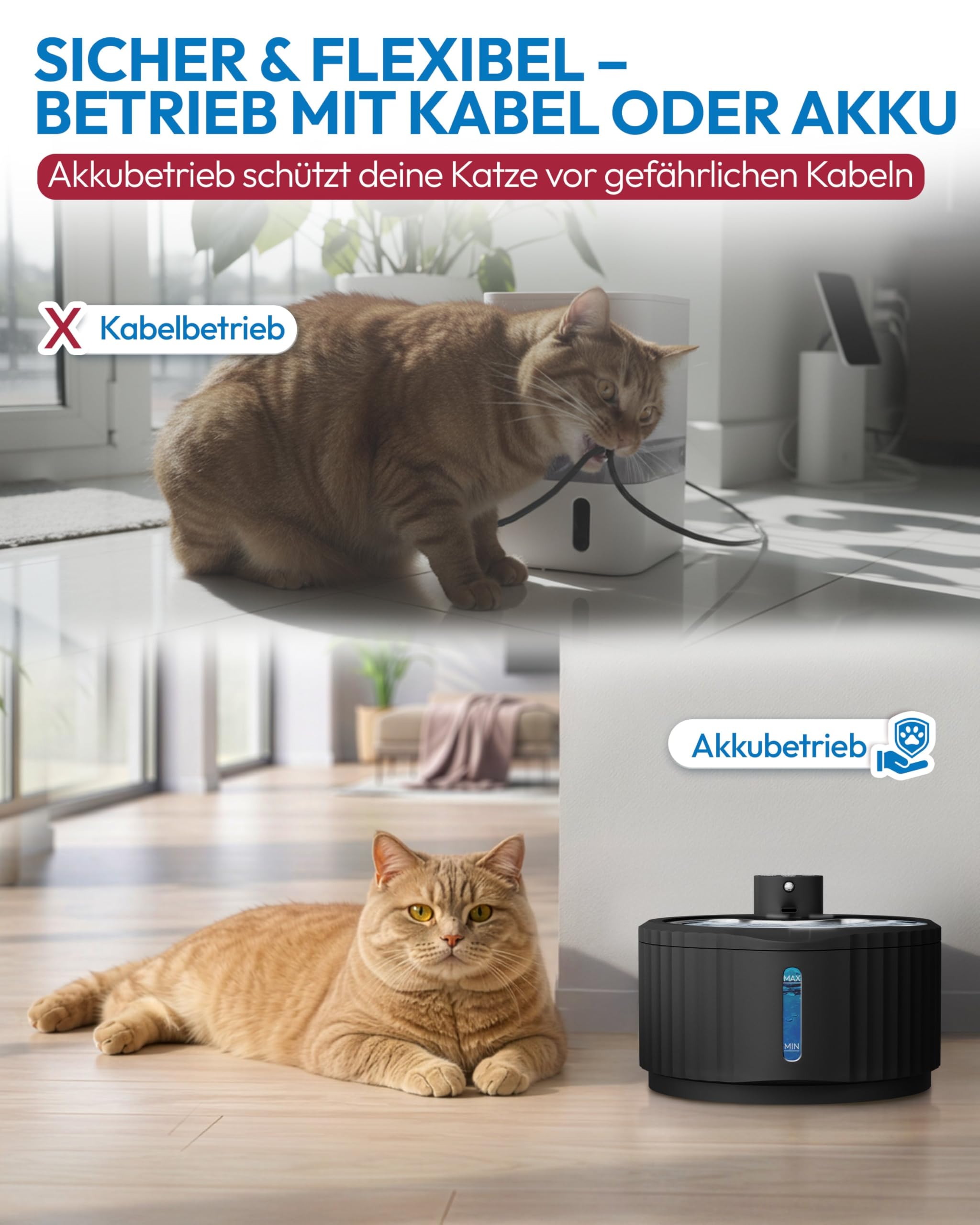 Miaura Katzenbrunnen kabellos leise 2.8L Bewegungsmelder Akkulaufzeit