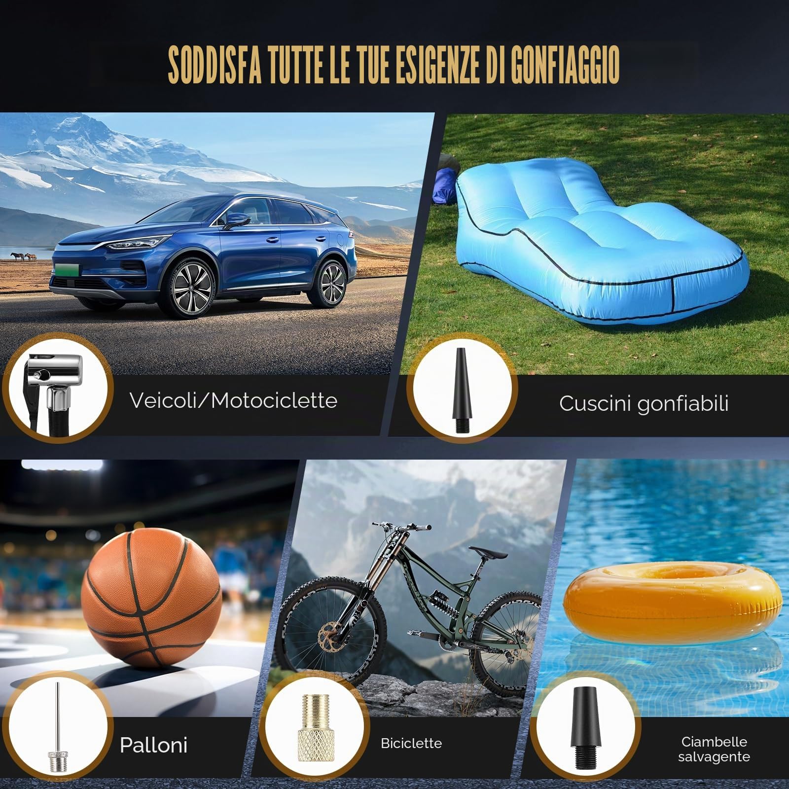 Pompa ad Aria Elettrica Compressore a Batteria per Bicicletta, Portatile, Display Digitale, Spegnimento Automatico, USB-C