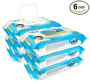 Glider Baby Wipes - with Moisture Lock Flip-Top, Contains Aloe Vera & Vitmain E, pH balanced with No Parabens & Chlorine (Pack of 6 (432 Wipes))