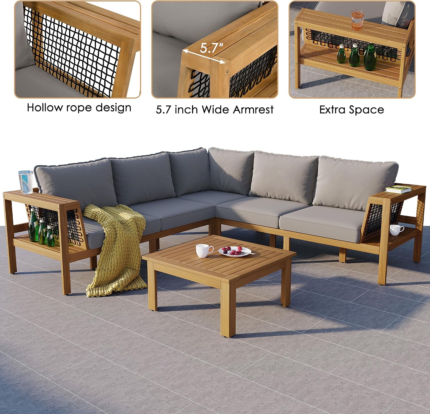 Quarte 4 Pieces Outdoor Acacia Wood Sofa Set, L-Shaped Patio Furniture Sofa Set with Coffee Table and Side Table, Outdoor Conversation Set for Deck, Poolside, Balcony (Gray,Natural)
