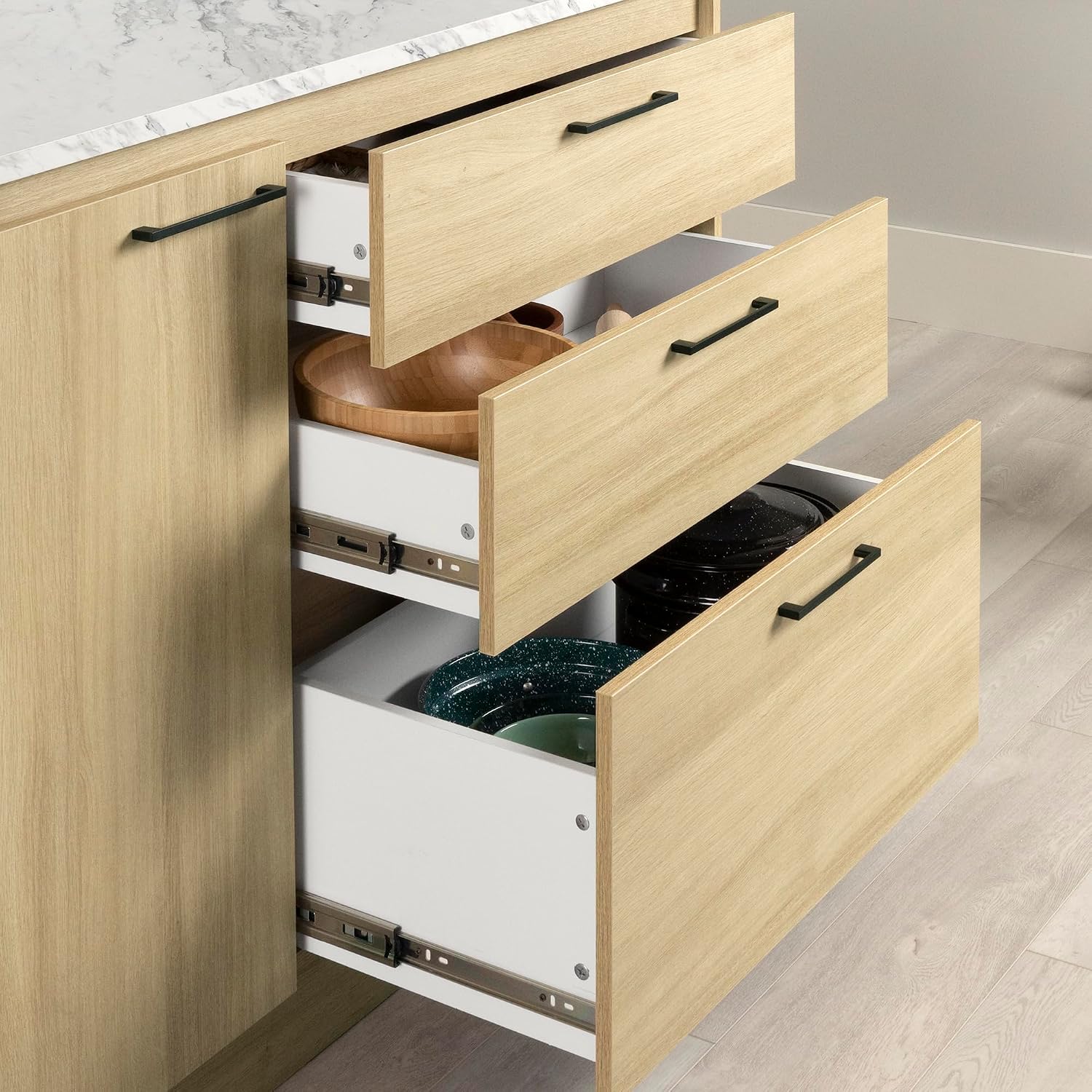 South Shore Myro Kitchen Island Faux White Marble and Blonde Oak, Contemporary