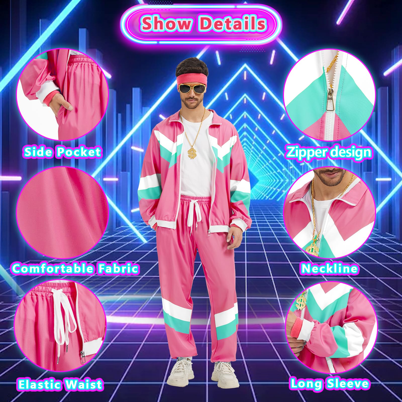 Strój męski i damski w stylu lat 80. XX wieku, dres treningowy, dyskoteka, strój sportowy hip-hopowy, zestaw dresowy, strój do joggingu, streetwear, kostium karnawałowy