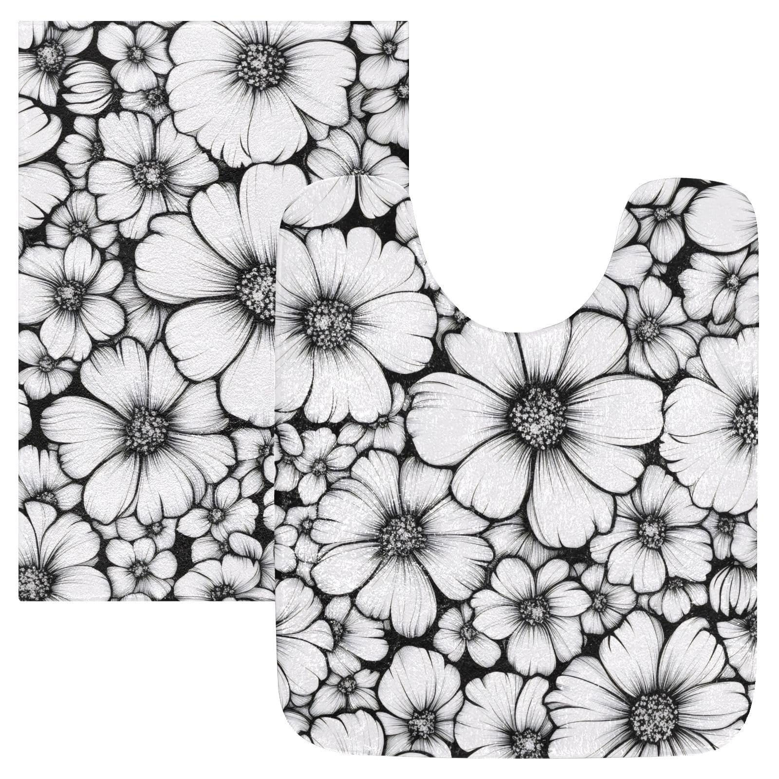 Msyxl Black White Floral Bathroom Rugs Set 2 Piece - Ultra Soft Bath Mat Non Slip Toilet Mat Absorbent Plush Shaggy Bath Rugs for Tub, Shower, Bath