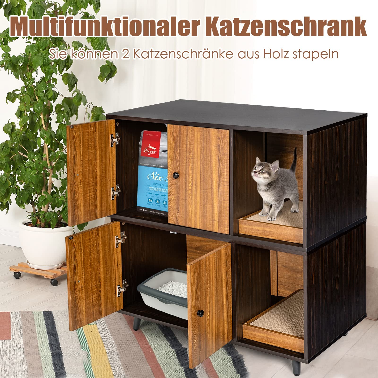 FANTASK Casetta laterale 2 in 1, tavolo e armadietto per gatti con 2 ante, tavolino da caffè e lettiera per gatti, in legno, con design impermeabile, buona circolazione dell'aria, 90 x 50 x 50 cm
