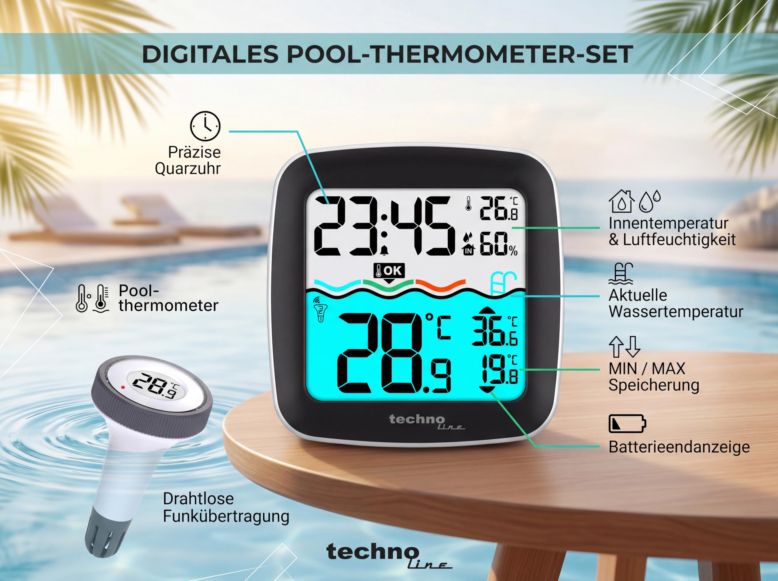 Technoline WS9059 Funk Poolthermometer, Poolsensor, Poolthermometer, mit digitaler Basisstation zum Datenablesen, Innentemperatur, Wassertemperatur, Luftfeuchte, für Pool, Teich, Außenanlage