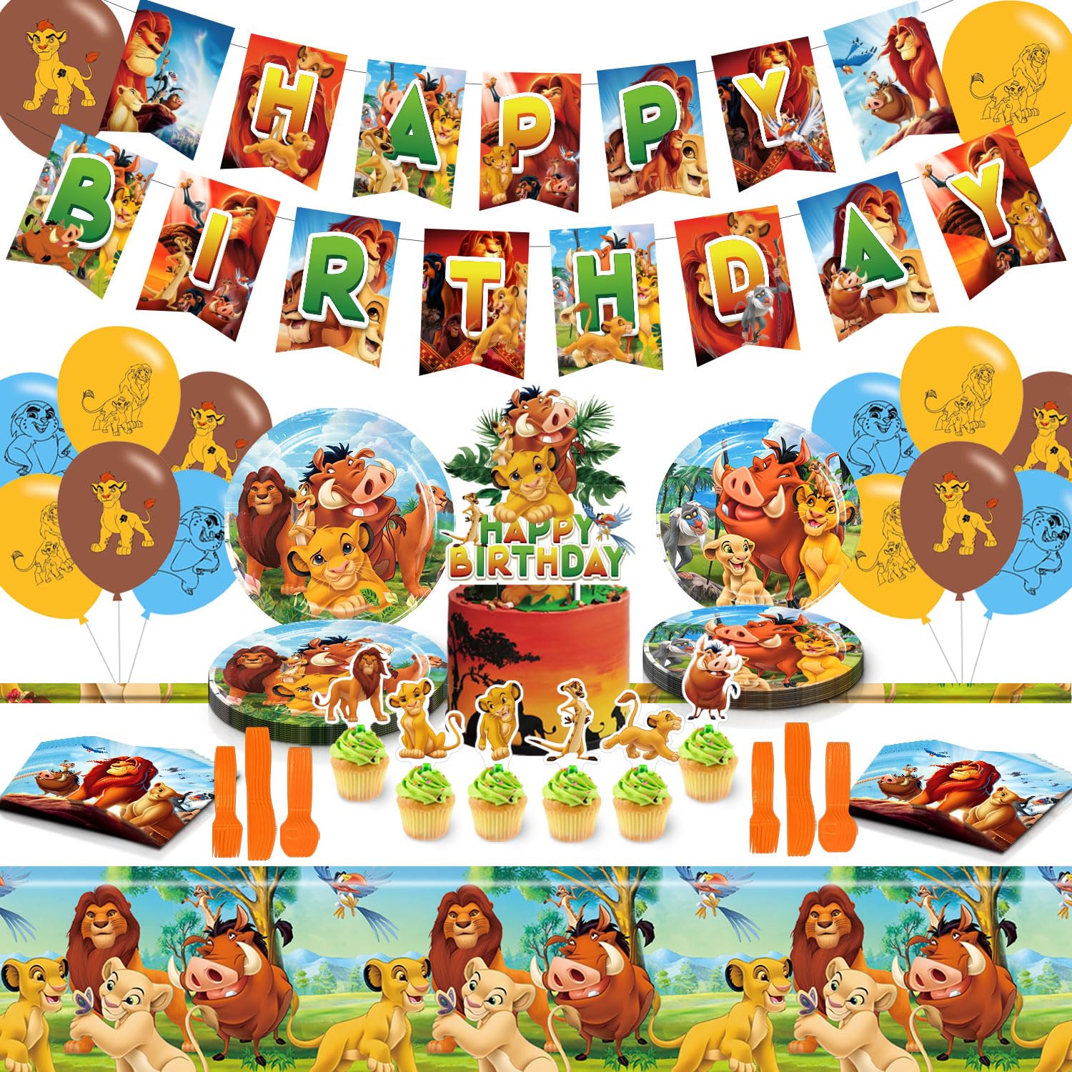 Lion Party Supplies and Decorations,Lion Birthday Party Supplies Set, Include Banners, Balloons, Cake Topper, Plates, Tablecloth, Nife, Forks, Spoons