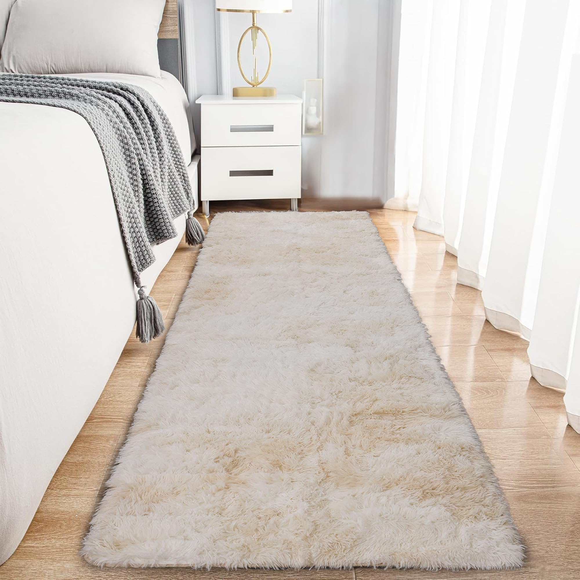 Hafaa Fluffy Shaggy Rugs Living Room Tie-Dye Cream 60x220 cm, Long Non-Slip Carpet Runner Rugs for Hallway, Soft Thick Pile Bedside Rug for Kids Bedroom, Nursery Room Non-Shedding
