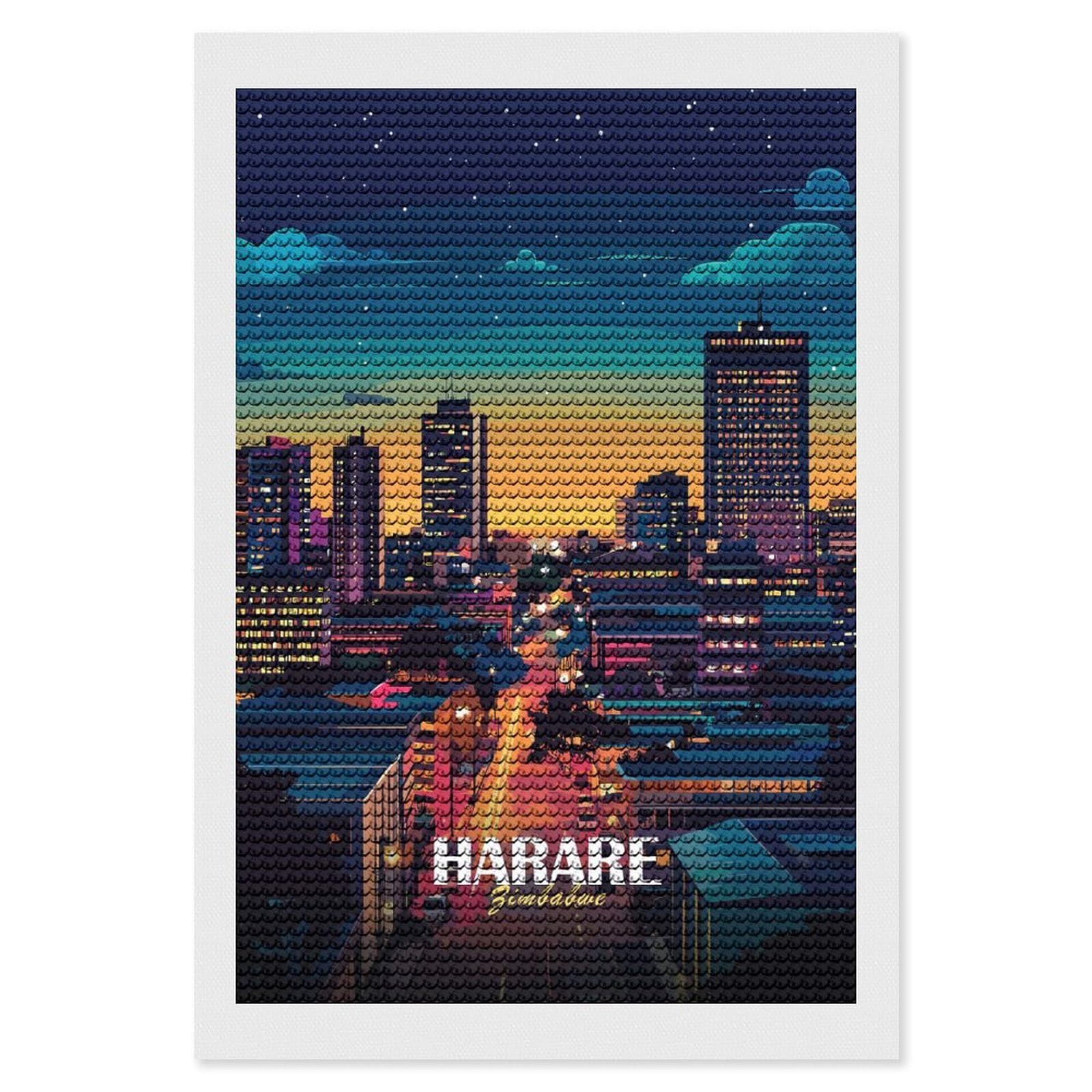 Junmoney Harare, Zimbabwe Cityscape at Night DIY Diamond Art Canvas Kit 8"x12", Pleasing Wall Art Project, Easy Handmade Project, Living Room Decor
