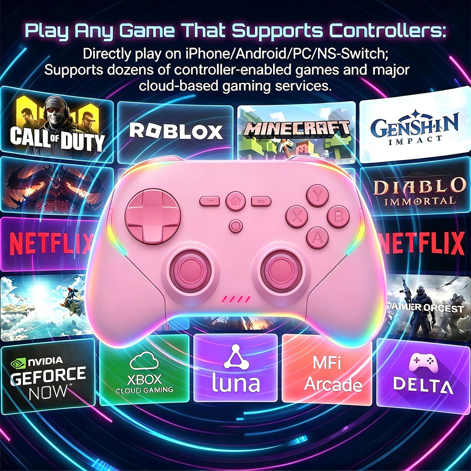 Megadream Wireless-Controller für iPhone/Android/Switch 2/Switch/PC, Smartphone-Gamepad mit Hall-Effekt-Joysticks/Trigger/Turbo/RGB-Beleuchtung, für Genshin Impact, COD (Rosa)