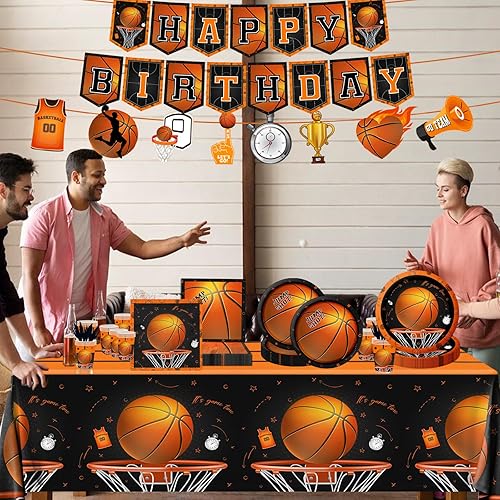 Miniatura 2 de Suministros para fiestas de baloncesto, 142 piezas con temática de deportes de baloncesto, suministros para fiesta de cumpleaños, incluye platos de