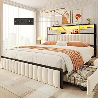 Lifezone Queen Bed Frame with Storage, Upholstered Platform Bed with Hea...