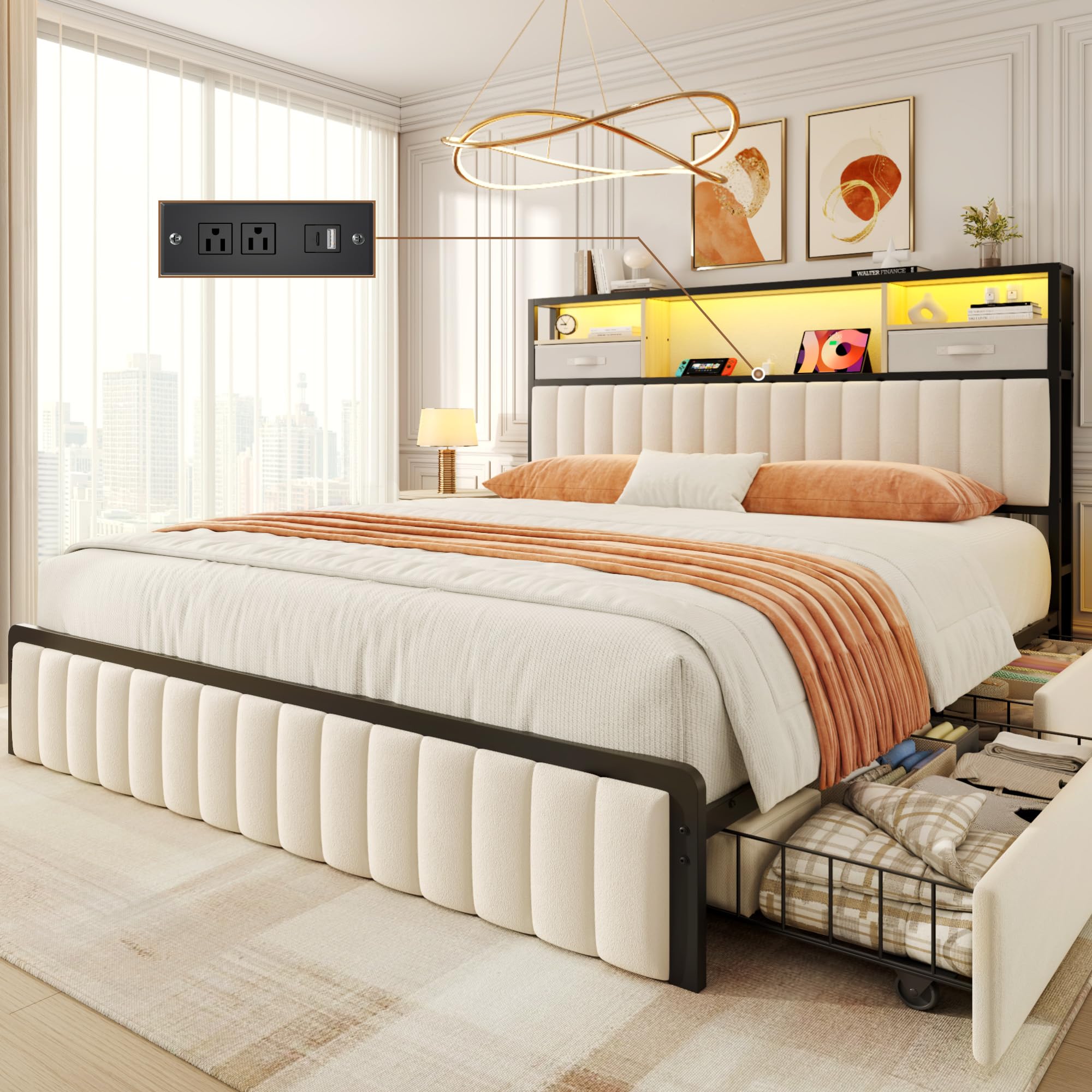 Lifezone Queen Bed Frame with Storage, Upholstered Platform Bed with Headboard and 4 Drawers, LED Lights and Charging Station, Noise Free, No Box