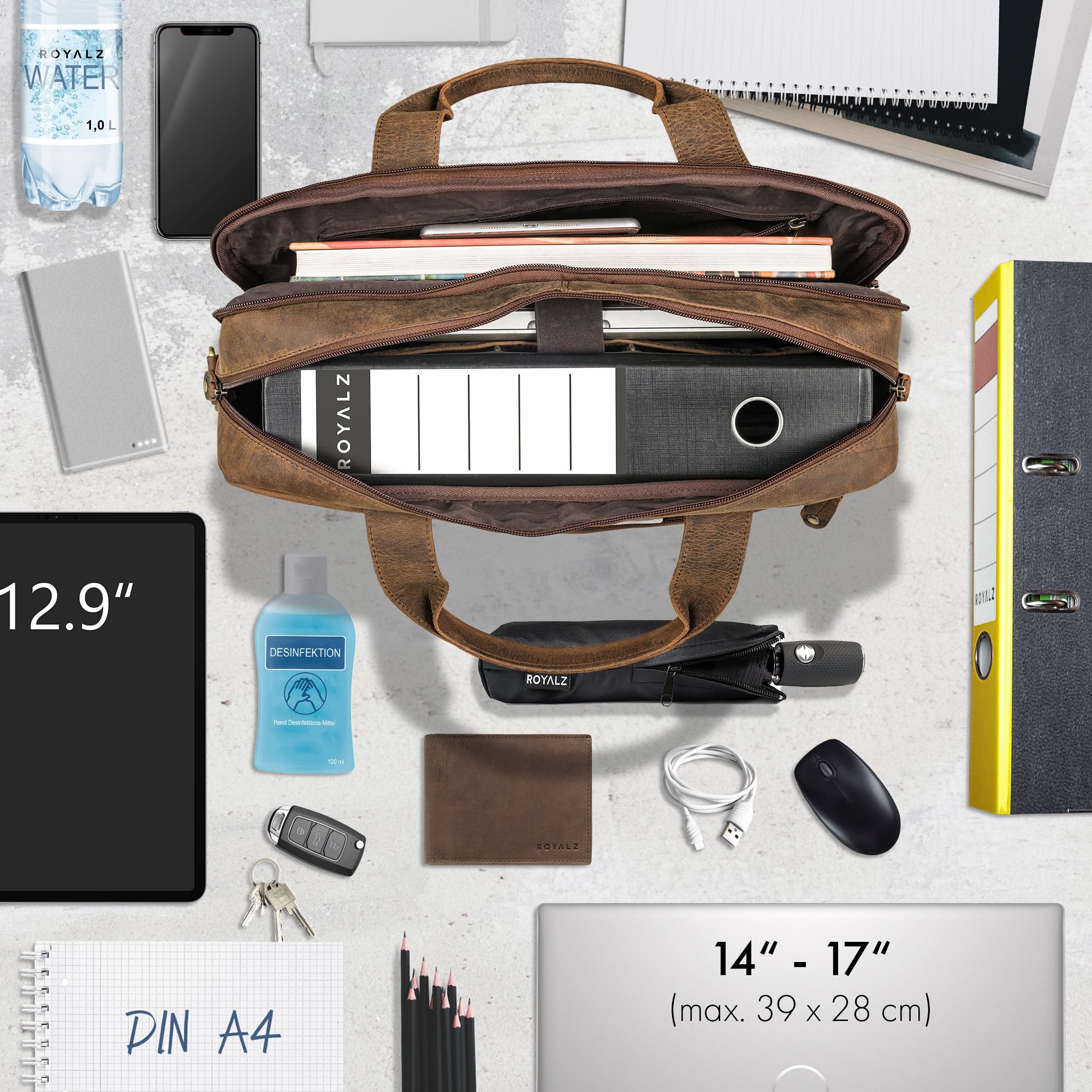 ROYALZ "Boston Aktentasche Herren Leder Business - Laptoptasche 14-17 Zoll aus Echtleder Umhängetasche Männertasche für Arbeit Alltag Reisen - Vintage Design Ledertasche;Farbe:Ohio Braun