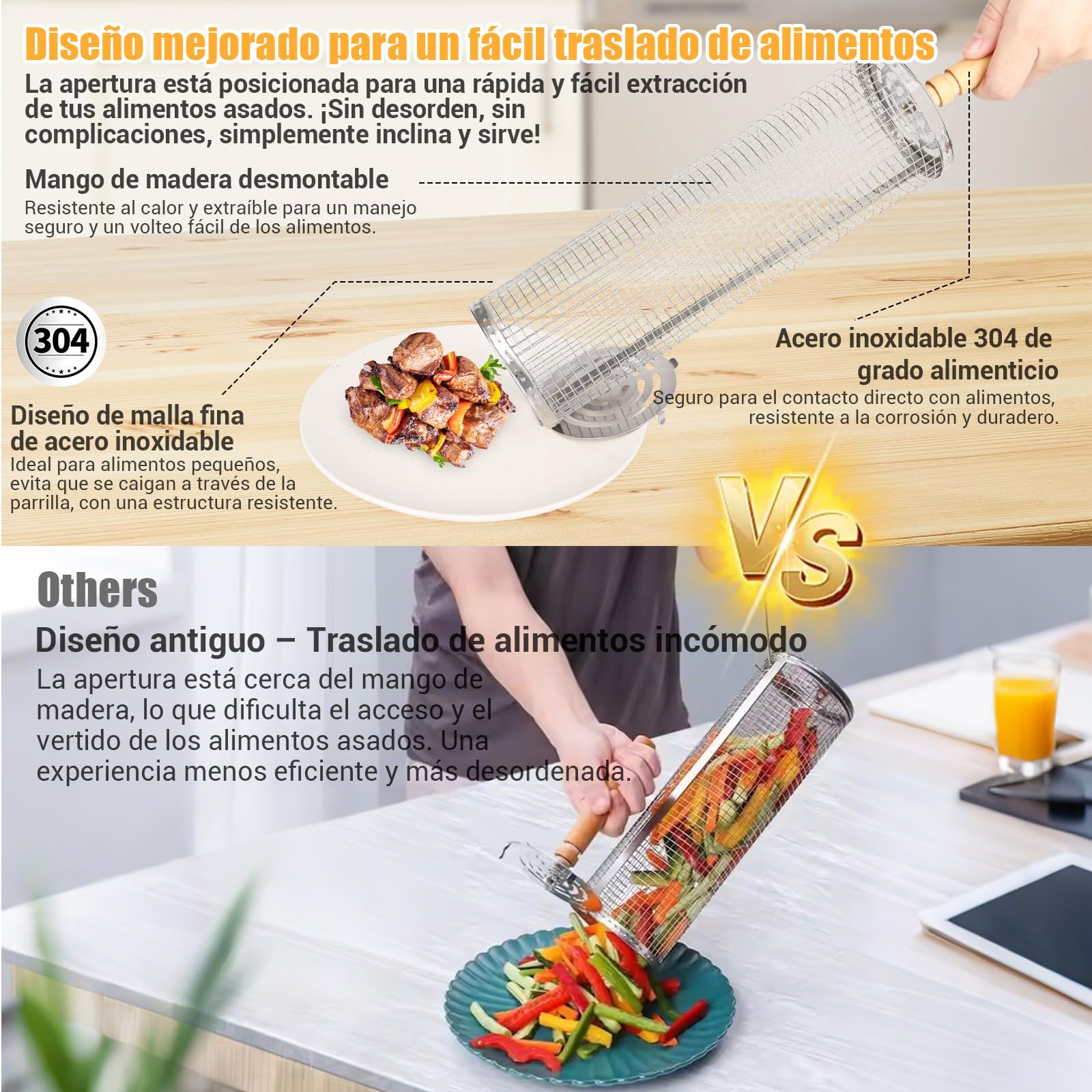 Conjunto de 2 Cestas para Parrilla Rodante, Cesta de Parrilla de Acero Inoxidable con Mango Extraíble, Rejilla Barbacoa para Asar Verduras, Carne