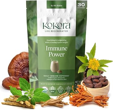 kokora Immune Power Mushroom Powder, Organic Vegan, 120 g, 30 Servings | Daily dietary supplement with adaptogens, non-GMO, no added sugar, wellness blend for convenient routine use