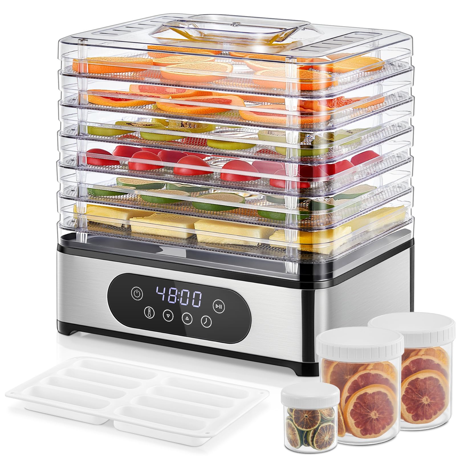 FOHERE Deshidratador de Alimentos, 6 Bandejas de Acero Inoxidable, 35-70°C | Temporizador de 48H, 400W, 3 Frasco de Almacenamiento, Molde de Silicona para Barras de Cereales, para Frutas Verduras Carne