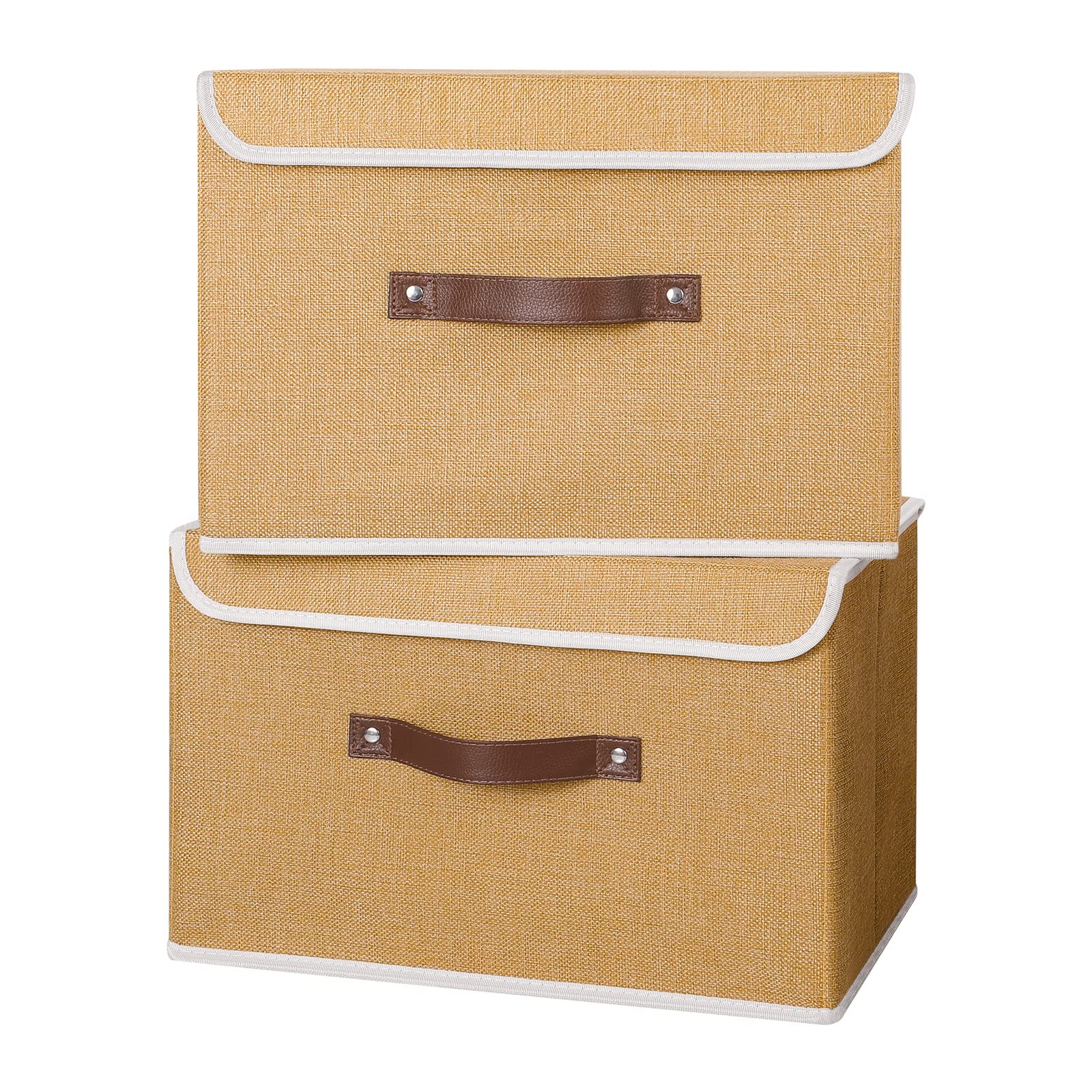ANMINY 2PCS Storage Bins with Lid PU Leather Handles Storage Boxes PP Plastic Board Decorative Foldable Lidded Cotton Linen Fabric Home Cubes Baskets Closet Organizer Containers - Khaki, Large Size