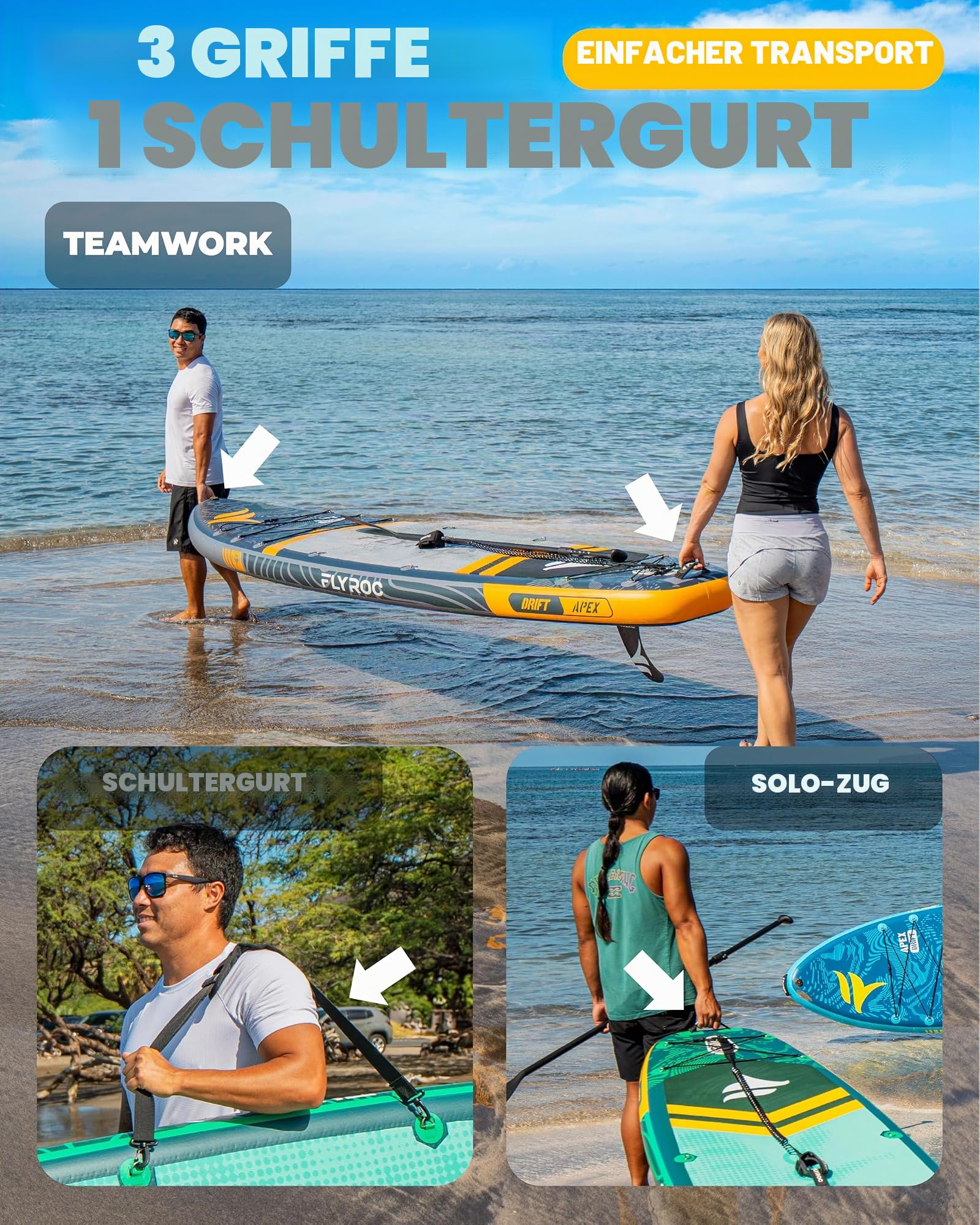 Aufblasbares Paddelbrett, extra breit, 300 kg Kapazität, Stand-Up-Paddle-Board für Erwachsene (3 Stück), stabiles aufblasbares SUP, alle Fähigkeitsstufen, 3 Griffe, 100 l Rucksack, 3 Paddel, 5