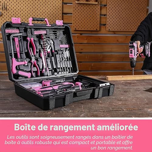 DEKO Complete Electric Tool Box 186 Pieces Pink with 20V Cordless Electric Drill, 10 mm Chuck without Key, Professional DIY Household Tool Box for Offices and Gardens - 5