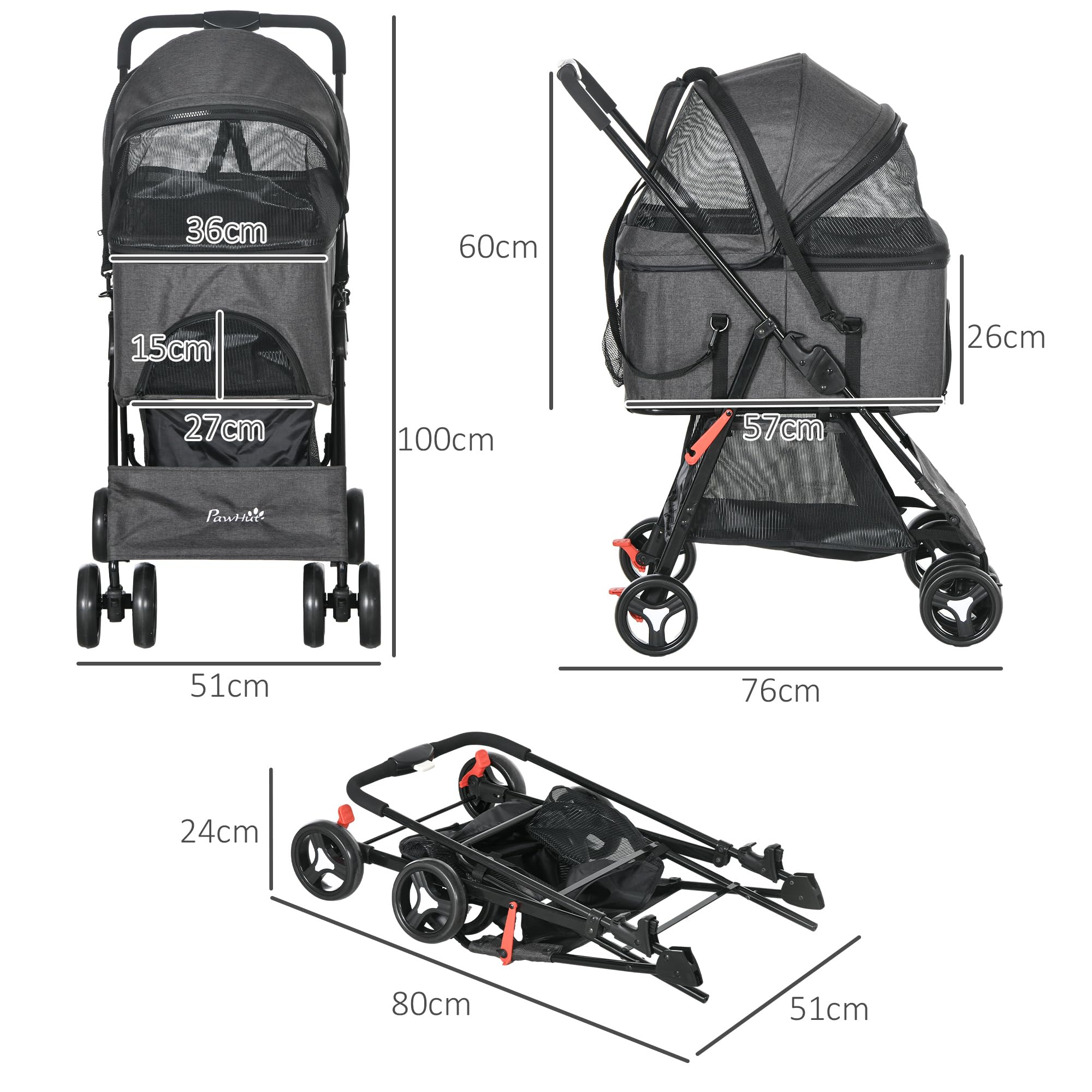 PawHut Passeggino per Cani 3 in 1, Cesta Rimovibile e Trasportino, Passeggino per Animali con Guinzaglio, Cuscino, Cestino e Tettuccio, Grigio