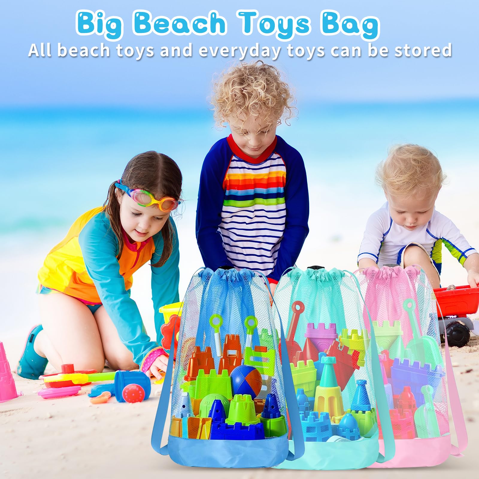 3 Piezas Bolsa de Juguetes de Playa,Bolsas de Malla para la Playa,Mochila Plegable para Juguetes Acuáticos para Niños Vacaciones Familiares Viajes A La Playa Juguetes