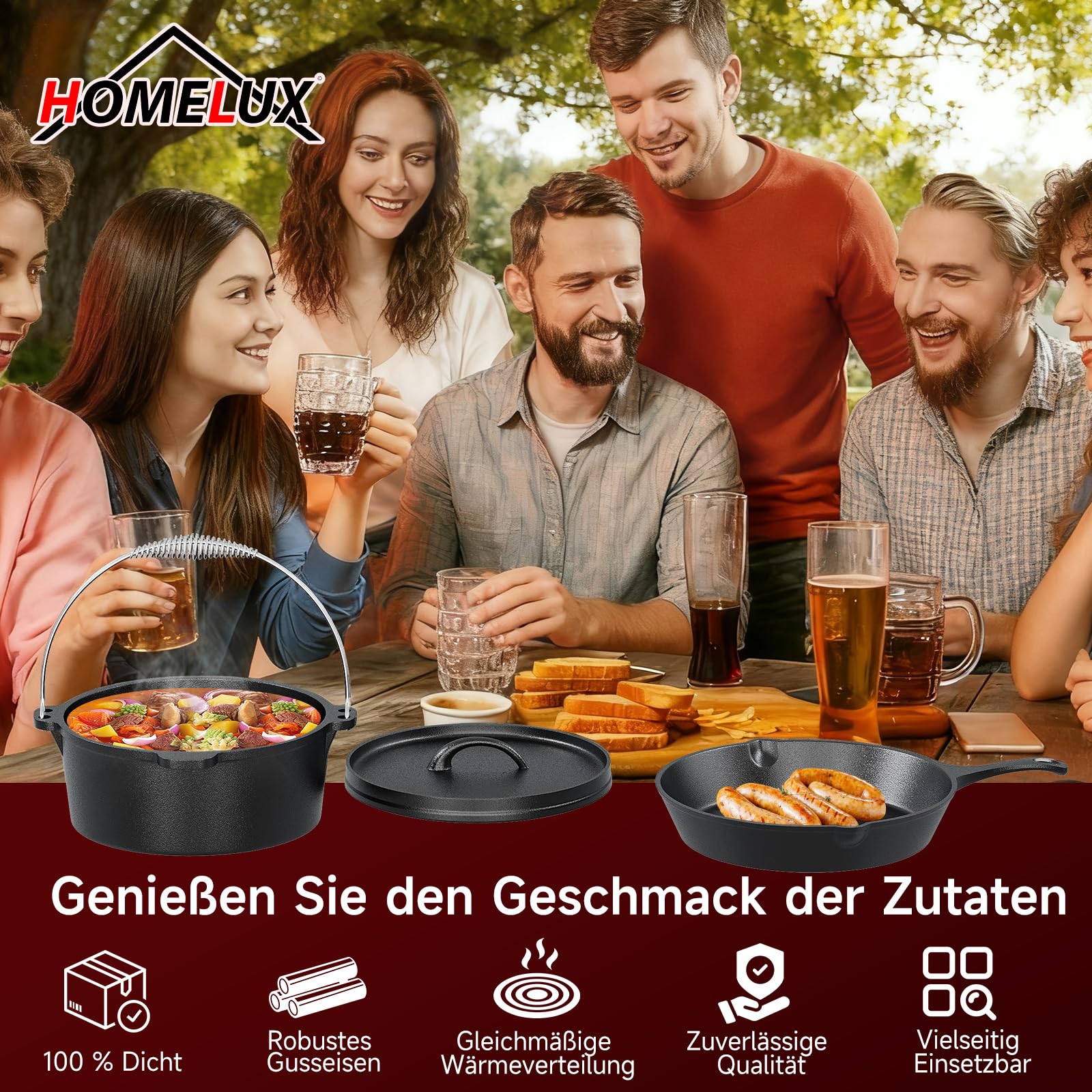 HOMELUX Dutch Oven Set 10-teilig | Gusseisen Camping Kochgeschirr Set mit Grillplatte, Feuertopf, Pfanne, Deckelheber, Untersetzer & Zubehör | Geeignet für Outdoor Grill & Hausküche