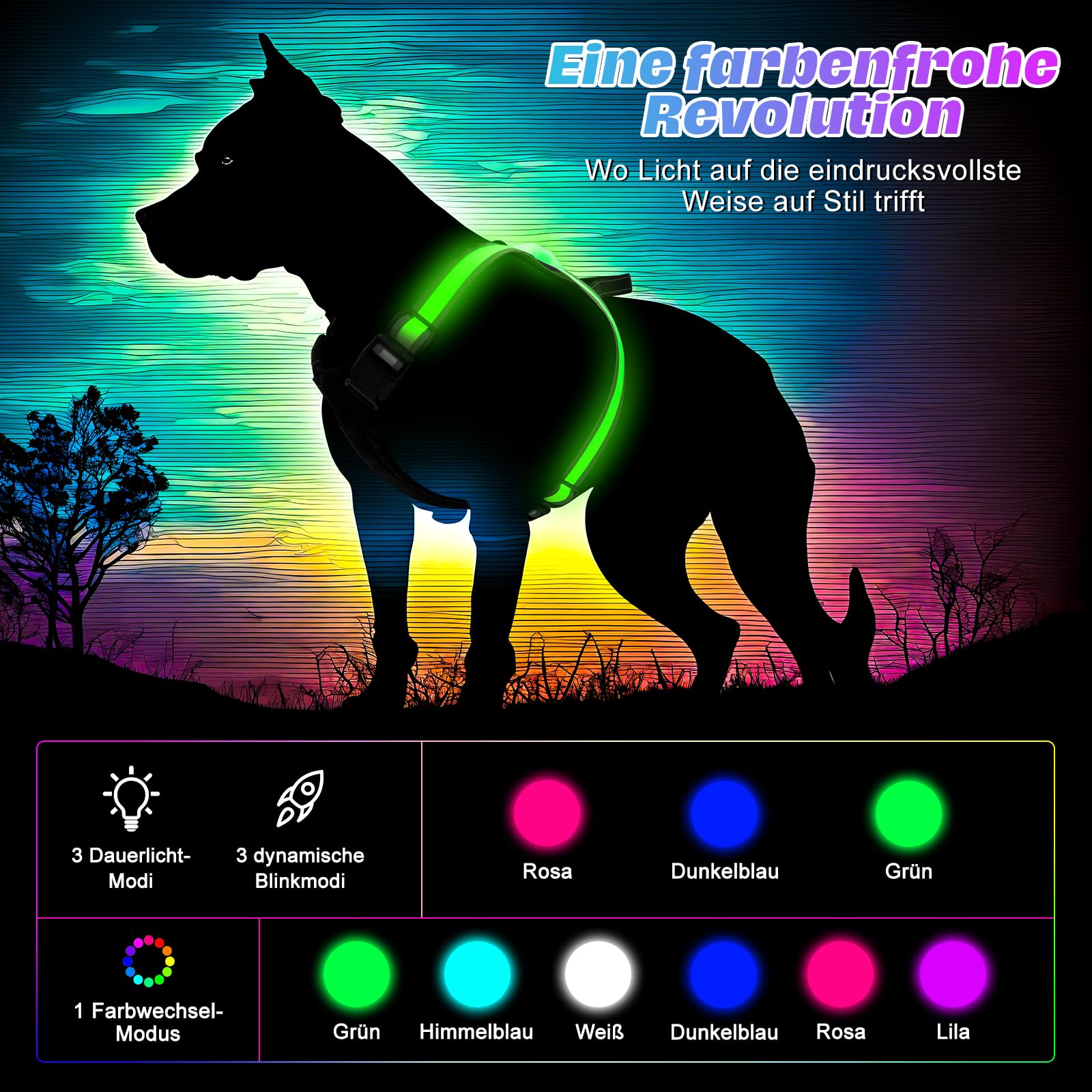 Leuchtendes Hundegeschirr – Mehrfarbiges LED-Hundegeschirr mit 7 Leuchtmodi | Wiederaufladbare Sicherheitsweste ohne Zug, USB-Anschluss, mit Griff für mittelgroße bis große Hunde (M)
