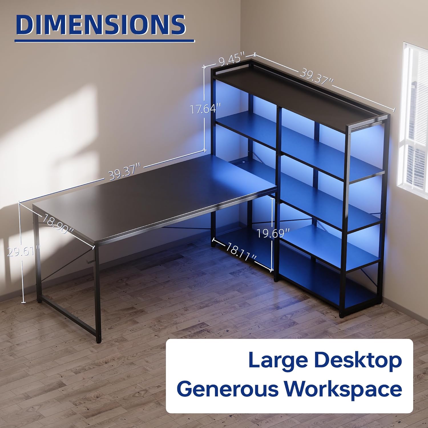 Diagram showing the dimensions of the L-shaped desk and its 5-tier shelf unit.