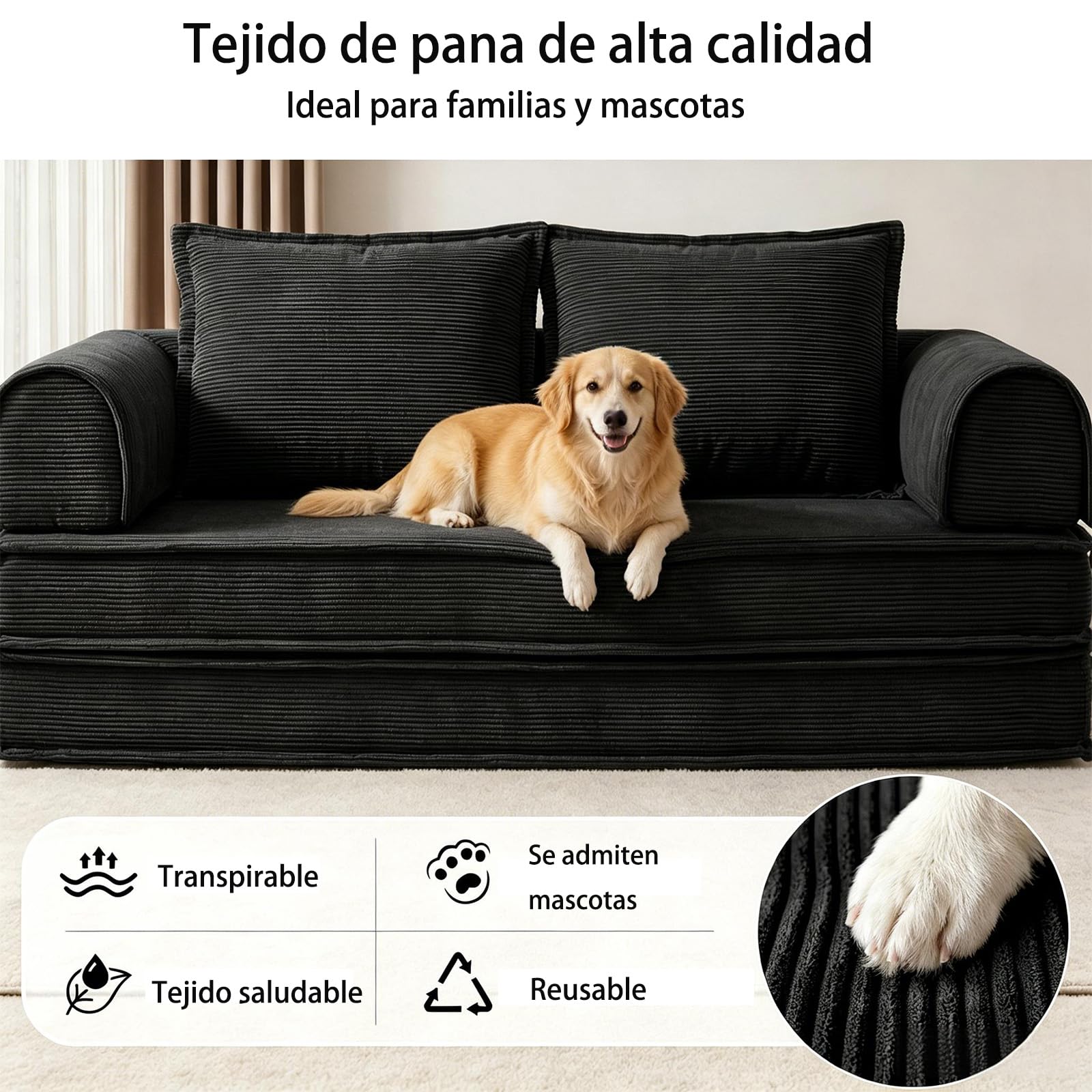 Vipbear 200cm Sofá Cama, Modular Desmontable Plegable 5 en 1, de Pana de Primera Calidad, Sofá Cama 3 Plazas Ideal para Espacios Reducidos, Negro