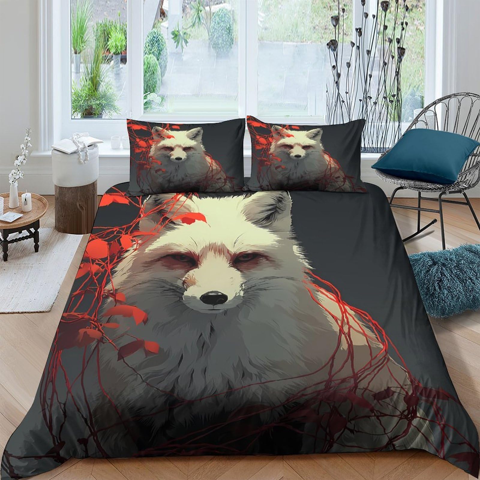 Ctjqhvkz Style-2 3D Printed White Fox Fitted Sheet Microfiber Soft Breathable Red Leaves Bed Cover For Bedroom Guest Room Decor Single（135X200cm）