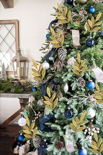 Miniatura 3 de DILATATA 20 piezas de hojas de acebo con purpurina de Navidad de 11 pulgadas, color azul artificial, para árbol de Navidad, guirnalda de bricolaje,