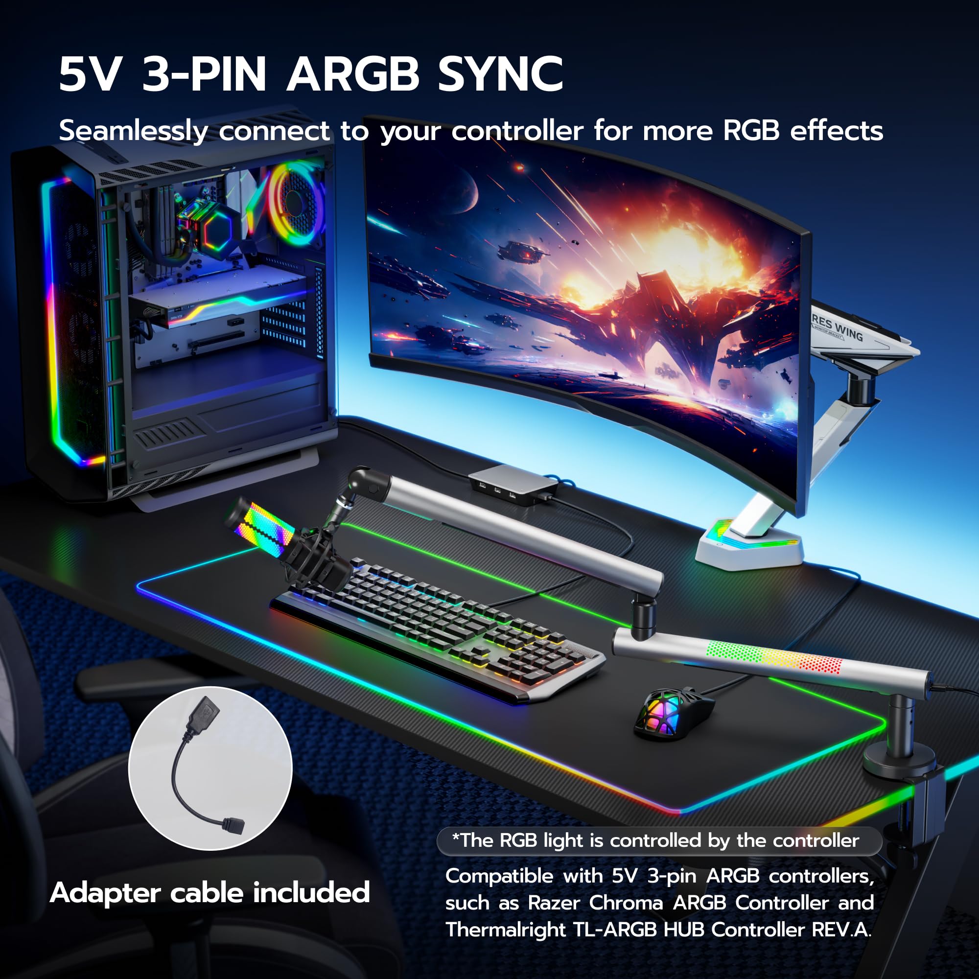 ARES WING Braccio per Microfono da Gioco con luce RGB | Supporto per microfono rotazione a 360°, compatibile con adattatori 3/8"-5/8", per podcast, streaming, gaming e uso domestico