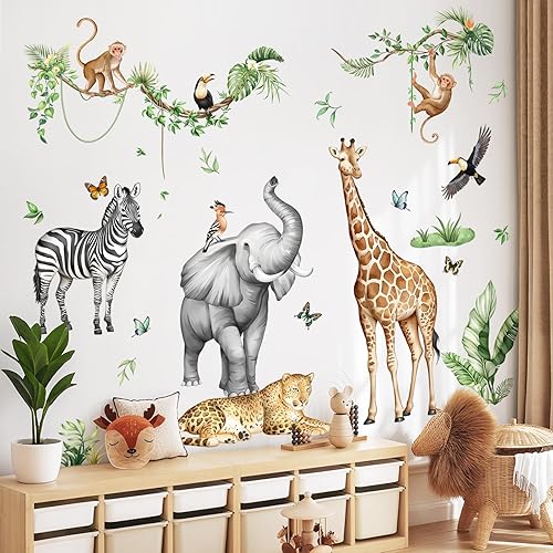 Miniatura 2 de Calcomanías de pared de animales de safari de selva para habitación de los niños, calcomanías de pared de vida silvestre, jirafa, elefante,