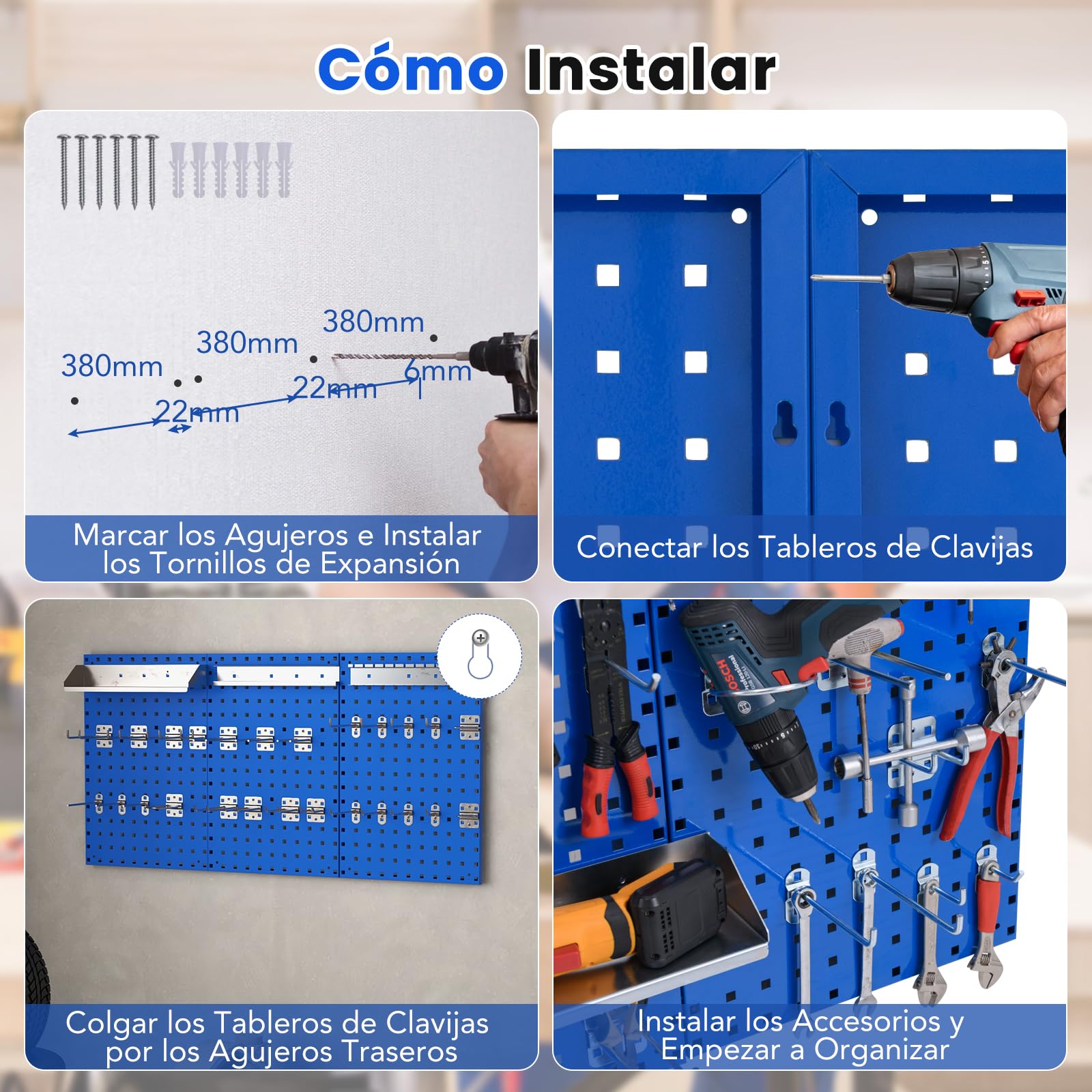 GOPLUS Panel Herramientas Pared, Panel Perforado 3 Piezas con 25 Ganchos, Organizador Herramientas Pared para Brocas y Destornilladores, Kit de Tablero de Clavijas de Metal para Garaje Taller (Azul)