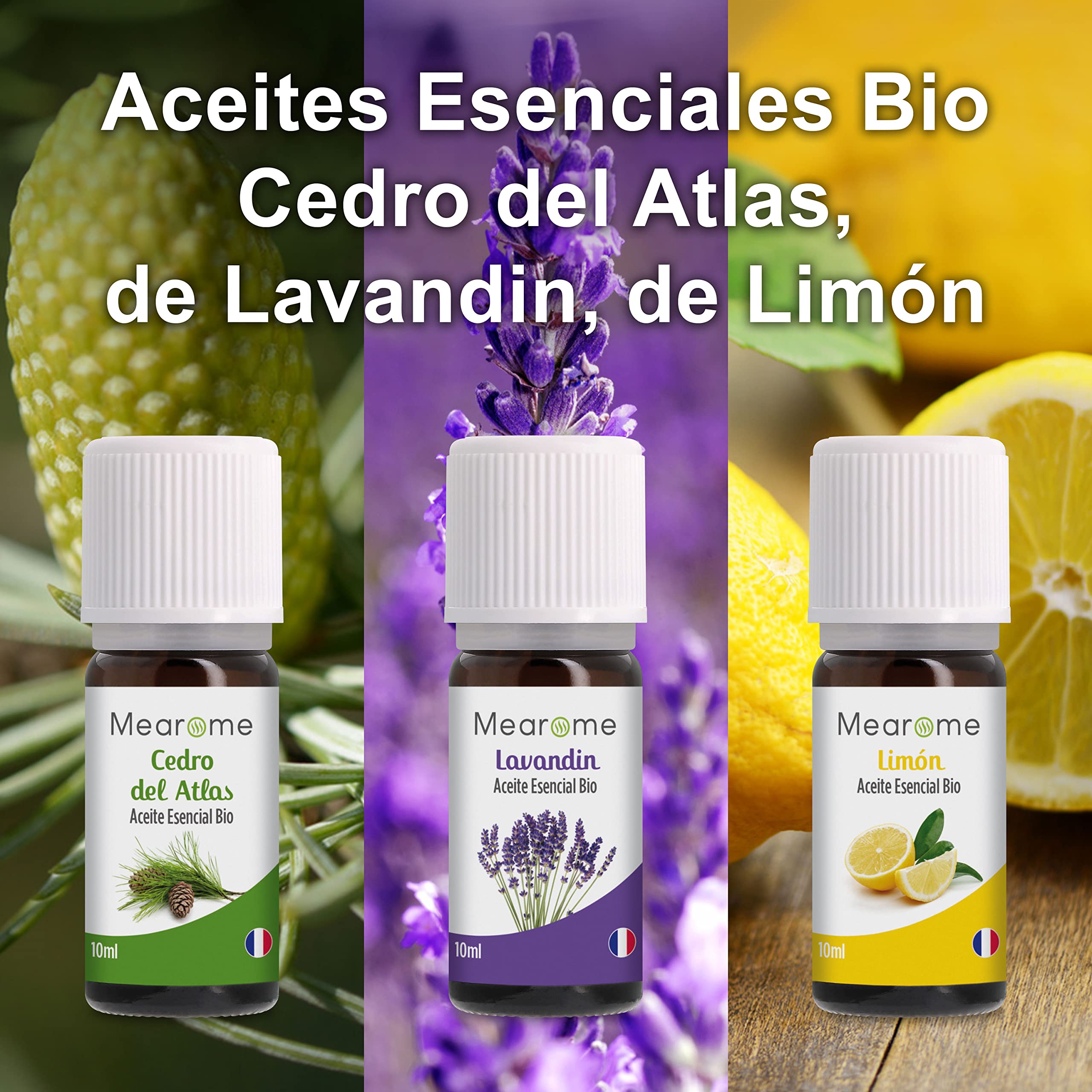 Set de Aceites Esenciales 100% Naturales Bio | Para Humificador Difusor, Aromaterapia | Menta, Eucalipto, Cedro de Atlas, Citronela, Naranja, Limón, Lavandín, Ravintsara | Mearome Fabricado en Francia