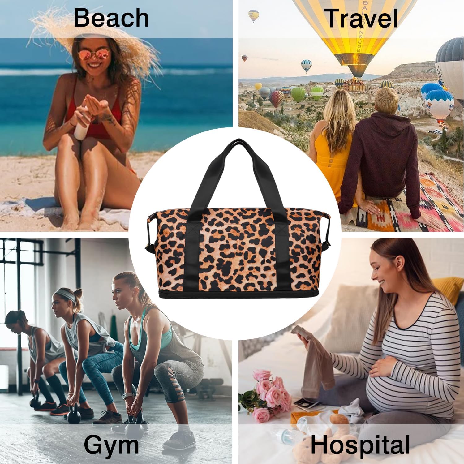 Expandable Travel Duffel Bags for Women Large, Gym Bag Waterproof Leopard Weekender Beach Tote Carry on Bag with Luggage Sleeve for Spirit Airlines Personal Item Bag Overnight Mom Hospital Duffels