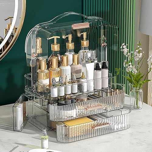 LINFIDITE Caja de almacenamiento de cosméticos con tapa transparente, organizador de maquillaje grande, cajón portátil, impermeable, a prueba de
