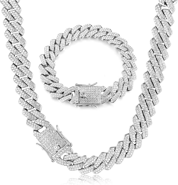 KRFY Cuban Link Chain Iced Out for Men 14MM Miami Cuban Link Choker Necklace Bracelet Set 18K Gold Plated Bling Bling Diamond Chain Bracelet Hip Hop Jewelry for Boys Women 41/51/56cm