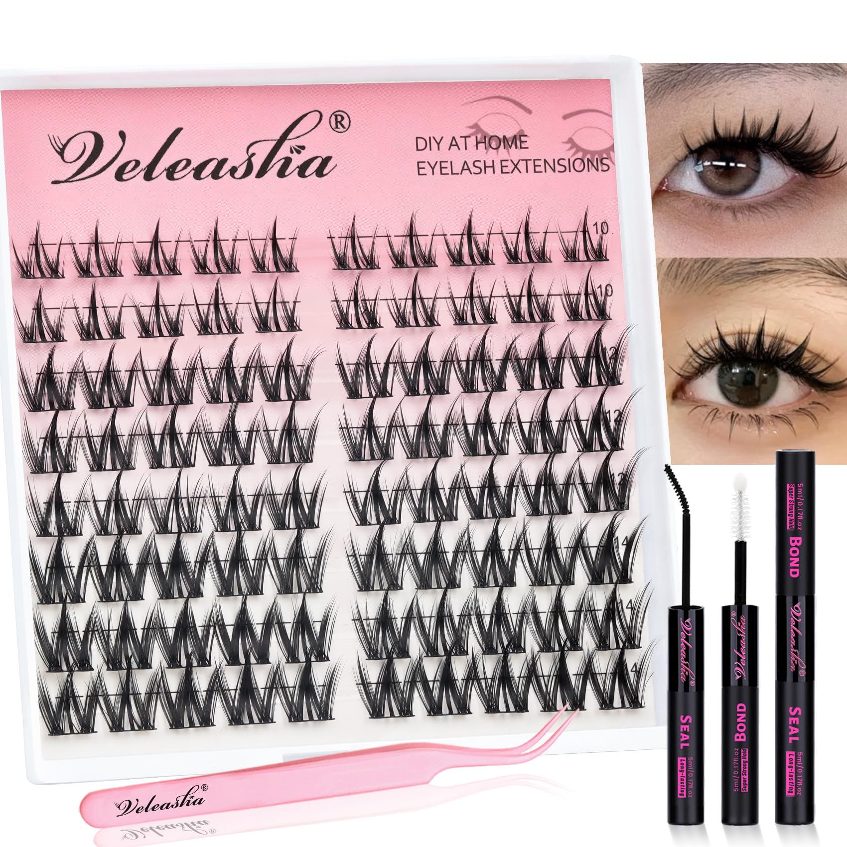 Veleasha Manga Lash Clusters Set mit wasserdichter Lash Bond und Dichtung C Curl 80PCS 10-14MM Anime Cluster Wimpern Starke Halte Nicht-reizender Wimpern Kleber für Wimpernverlängerungen (Begonia Kit)