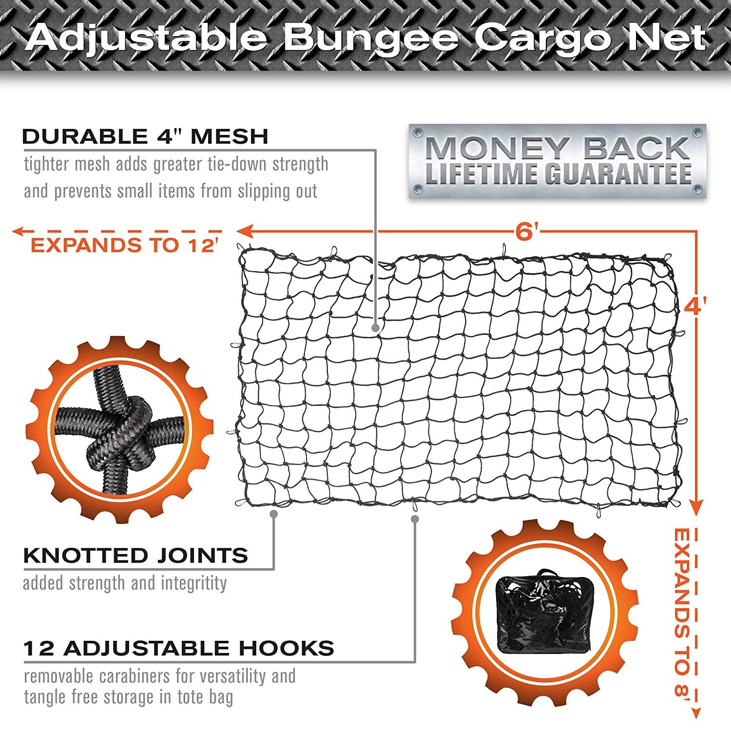 Red de carga para cama de camioneta, 4 x 6 pies, se estira a 8 x 12 pies, malla elástica de látex pequeña de 4 x 4 pulgadas para viajes por carretera, compatible con Dodge Ram, Chevy Ford, Toyota