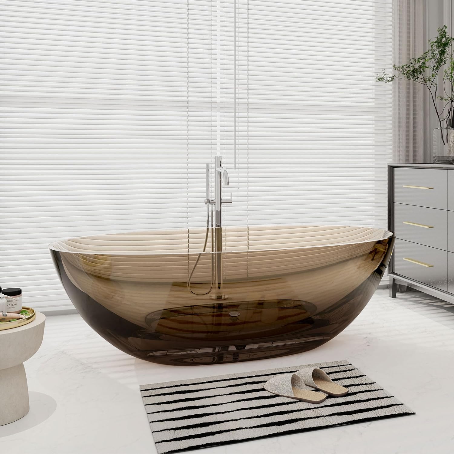 71" x 35" SJ STAR&JANE Solid Surface Freestanding Bathtub Stone Resin Oval Soaking Tub Stand Alone Tub with Pop-up Drain Transparent Sepia