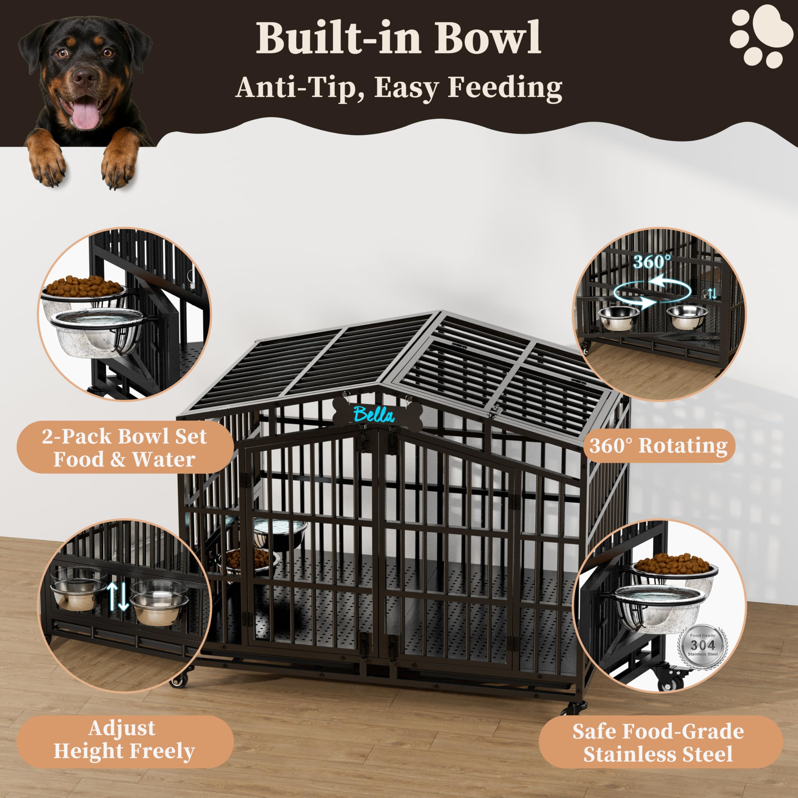 105cm XL Metall Große Hundekäfig Möbel, Extra Dickes Metall Hundebox für Zuhause mit 2 Hunde Näpfen & Namensschild, Offener Oberseite & 360° Rollen, Kau-/Ausbruchsicher - 105x65x88cm