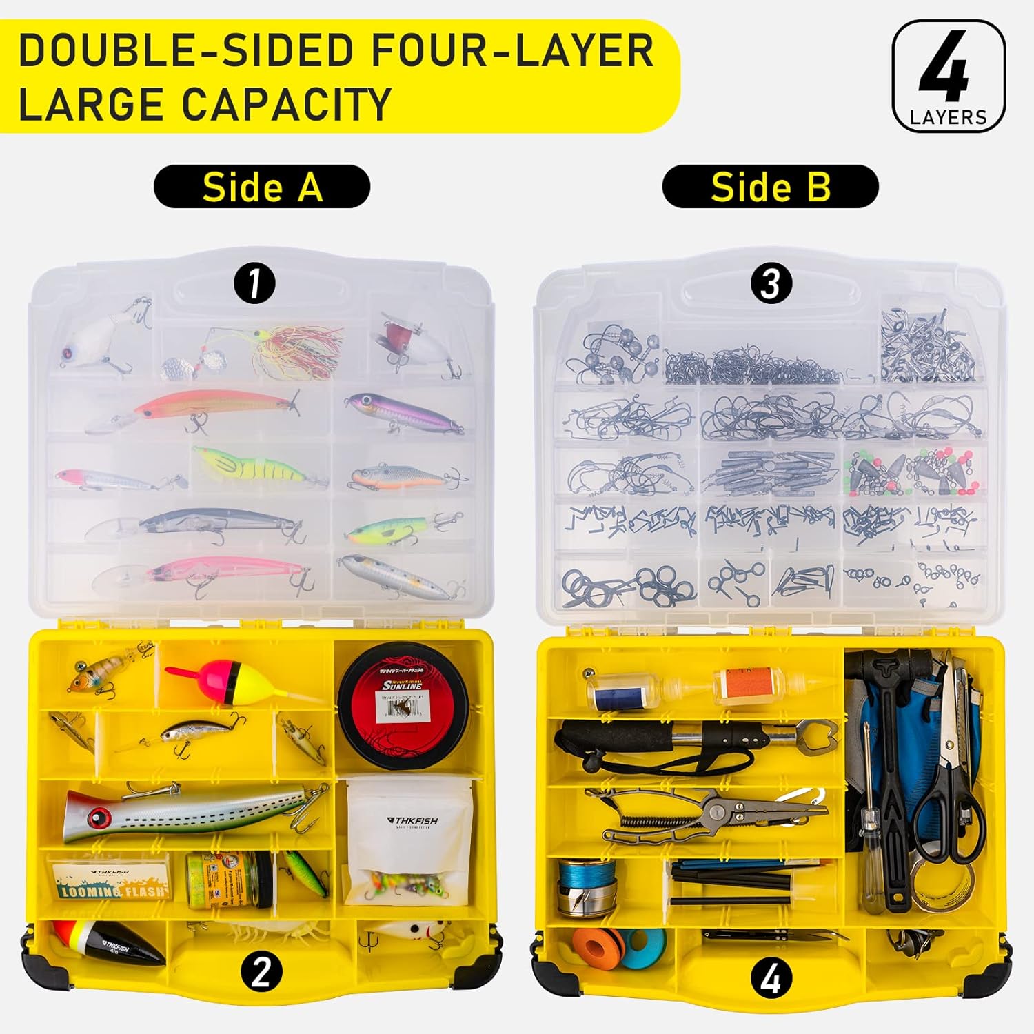 THKFISH Large Tackle Box Organizers and Storager Double Sided Tackle Box Detachable 4 Layers Tackle System for Fishing Accessories
